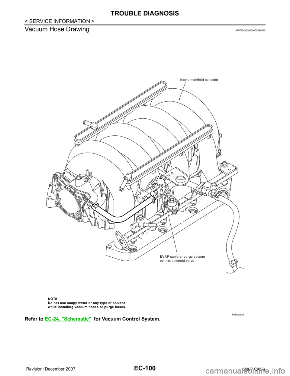 INFINITI QX56 2007  Factory Service Manual EC-100
< SERVICE INFORMATION >
TROUBLE DIAGNOSIS
Vacuum Hose Drawing
INFOID:0000000003531622
Refer to EC-24, "Schematic"  for Vacuum Control System.
PBIB2052E 