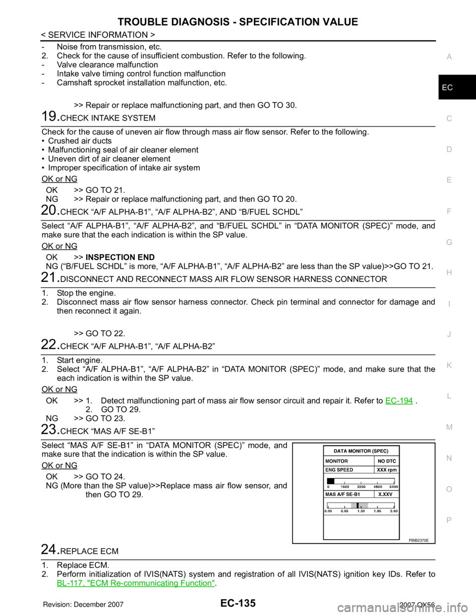 INFINITI QX56 2007 Factory Owners Manual TROUBLE DIAGNOSIS - SPECIFICATION VALUE
EC-135
< SERVICE INFORMATION >
C
D
E
F
G
H
I
J
K
L
MA
EC
N
P O
- Noise from transmission, etc.
2. Check for the cause of insufficient combustion. Refer to the f INFINITI QX56 2007 Factory Owners Manual TROUBLE DIAGNOSIS - SPECIFICATION VALUE
EC-135
< SERVICE INFORMATION >
C
D
E
F
G
H
I
J
K
L
MA
EC
N
P O
- Noise from transmission, etc.
2. Check for the cause of insufficient combustion. Refer to the f