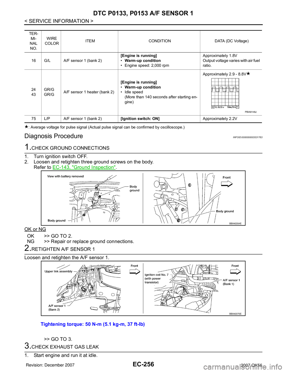 INFINITI QX56 2007 Factory Manual PDF EC-256
< SERVICE INFORMATION >
DTC P0133, P0153 A/F SENSOR 1
: Average voltage for pulse signal (Actual pulse signal can be confirmed by oscilloscope.)
Diagnosis ProcedureINFOID:0000000003531763
1.CHE INFINITI QX56 2007 Factory Manual PDF EC-256
< SERVICE INFORMATION >
DTC P0133, P0153 A/F SENSOR 1
: Average voltage for pulse signal (Actual pulse signal can be confirmed by oscilloscope.)
Diagnosis ProcedureINFOID:0000000003531763
1.CHE