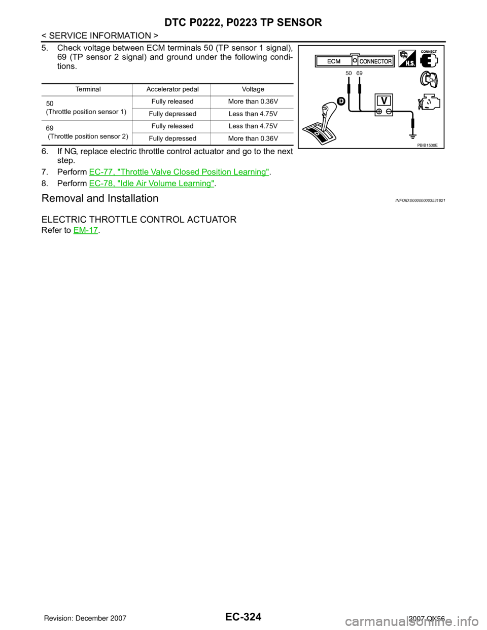 INFINITI QX56 2007 Factory Service Manual EC-324
< SERVICE INFORMATION >
DTC P0222, P0223 TP SENSOR
5. Check voltage between ECM terminals 50 (TP sensor 1 signal),
69 (TP sensor 2 signal) and ground under the following condi-
tions.
6. If NG, INFINITI QX56 2007 Factory Service Manual EC-324
< SERVICE INFORMATION >
DTC P0222, P0223 TP SENSOR
5. Check voltage between ECM terminals 50 (TP sensor 1 signal),
69 (TP sensor 2 signal) and ground under the following condi-
tions.
6. If NG,