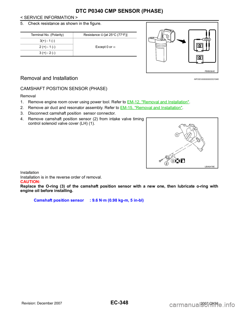 INFINITI QX56 2007 Factory Owners Manual EC-348
< SERVICE INFORMATION >
DTC P0340 CMP SENSOR (PHASE)
5. Check resistance as shown in the figure.
Removal and InstallationINFOID:0000000003531846
CAMSHAFT POSITION SENSOR (PHASE)
Removal
1. Remo INFINITI QX56 2007 Factory Owners Manual EC-348
< SERVICE INFORMATION >
DTC P0340 CMP SENSOR (PHASE)
5. Check resistance as shown in the figure.
Removal and InstallationINFOID:0000000003531846
CAMSHAFT POSITION SENSOR (PHASE)
Removal
1. Remo