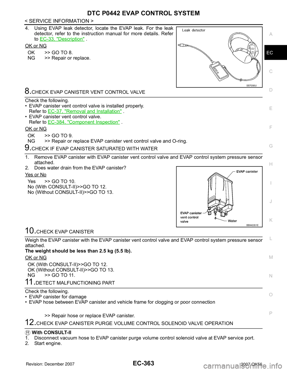 INFINITI QX56 2007 Factory User Guide DTC P0442 EVAP CONTROL SYSTEM
EC-363
< SERVICE INFORMATION >
C
D
E
F
G
H
I
J
K
L
MA
EC
N
P O
4. Using EVAP leak detector, locate the EVAP leak. For the leak
detector, refer to the instruction manual f INFINITI QX56 2007 Factory User Guide DTC P0442 EVAP CONTROL SYSTEM
EC-363
< SERVICE INFORMATION >
C
D
E
F
G
H
I
J
K
L
MA
EC
N
P O
4. Using EVAP leak detector, locate the EVAP leak. For the leak
detector, refer to the instruction manual f