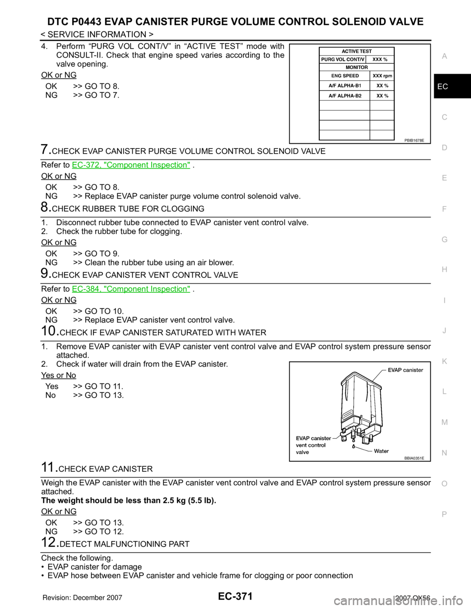 INFINITI QX56 2007 Factory User Guide DTC P0443 EVAP CANISTER PURGE VOLUME CONTROL SOLENOID VALVE
EC-371
< SERVICE INFORMATION >
C
D
E
F
G
H
I
J
K
L
MA
EC
N
P O
4. Perform “PURG VOL CONT/V” in “ACTIVE TEST” mode with
CONSULT-II. C INFINITI QX56 2007 Factory User Guide DTC P0443 EVAP CANISTER PURGE VOLUME CONTROL SOLENOID VALVE
EC-371
< SERVICE INFORMATION >
C
D
E
F
G
H
I
J
K
L
MA
EC
N
P O
4. Perform “PURG VOL CONT/V” in “ACTIVE TEST” mode with
CONSULT-II. C