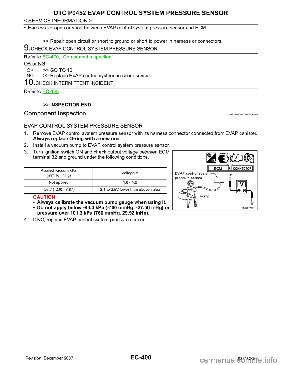INFINITI QX56 2007 Factory Service Manual EC-400
< SERVICE INFORMATION >
DTC P0452 EVAP CONTROL SYSTEM PRESSURE SENSOR
• Harness for open or short between EVAP control system pressure sensor and ECM
>> Repair open circuit or short to ground INFINITI QX56 2007 Factory Service Manual EC-400
< SERVICE INFORMATION >
DTC P0452 EVAP CONTROL SYSTEM PRESSURE SENSOR
• Harness for open or short between EVAP control system pressure sensor and ECM
>> Repair open circuit or short to ground