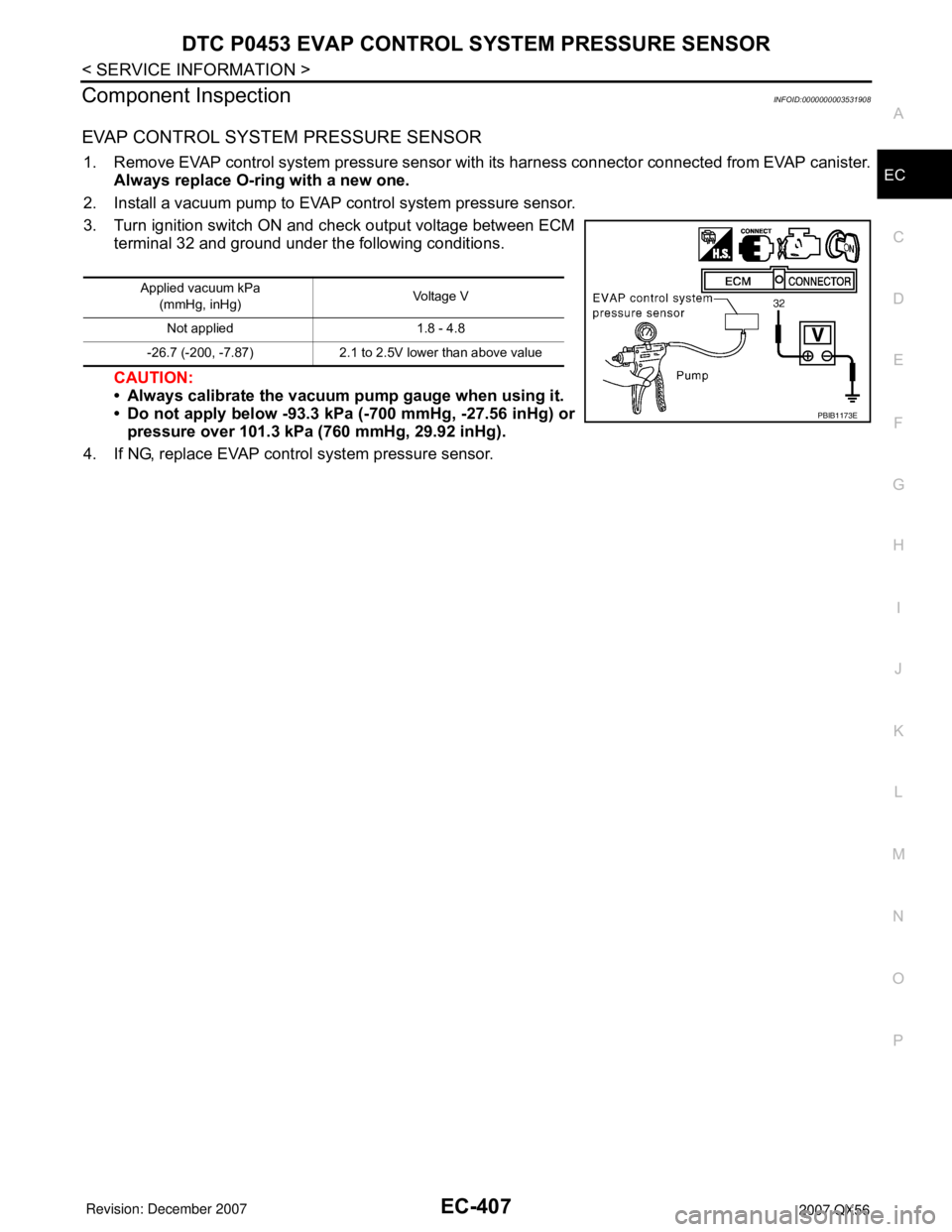 INFINITI QX56 2007 Factory Service Manual DTC P0453 EVAP CONTROL SYSTEM PRESSURE SENSOR
EC-407
< SERVICE INFORMATION >
C
D
E
F
G
H
I
J
K
L
MA
EC
N
P O
Component InspectionINFOID:0000000003531908
EVAP CONTROL SYSTEM PRESSURE SENSOR
1. Remove E INFINITI QX56 2007 Factory Service Manual DTC P0453 EVAP CONTROL SYSTEM PRESSURE SENSOR
EC-407
< SERVICE INFORMATION >
C
D
E
F
G
H
I
J
K
L
MA
EC
N
P O
Component InspectionINFOID:0000000003531908
EVAP CONTROL SYSTEM PRESSURE SENSOR
1. Remove E