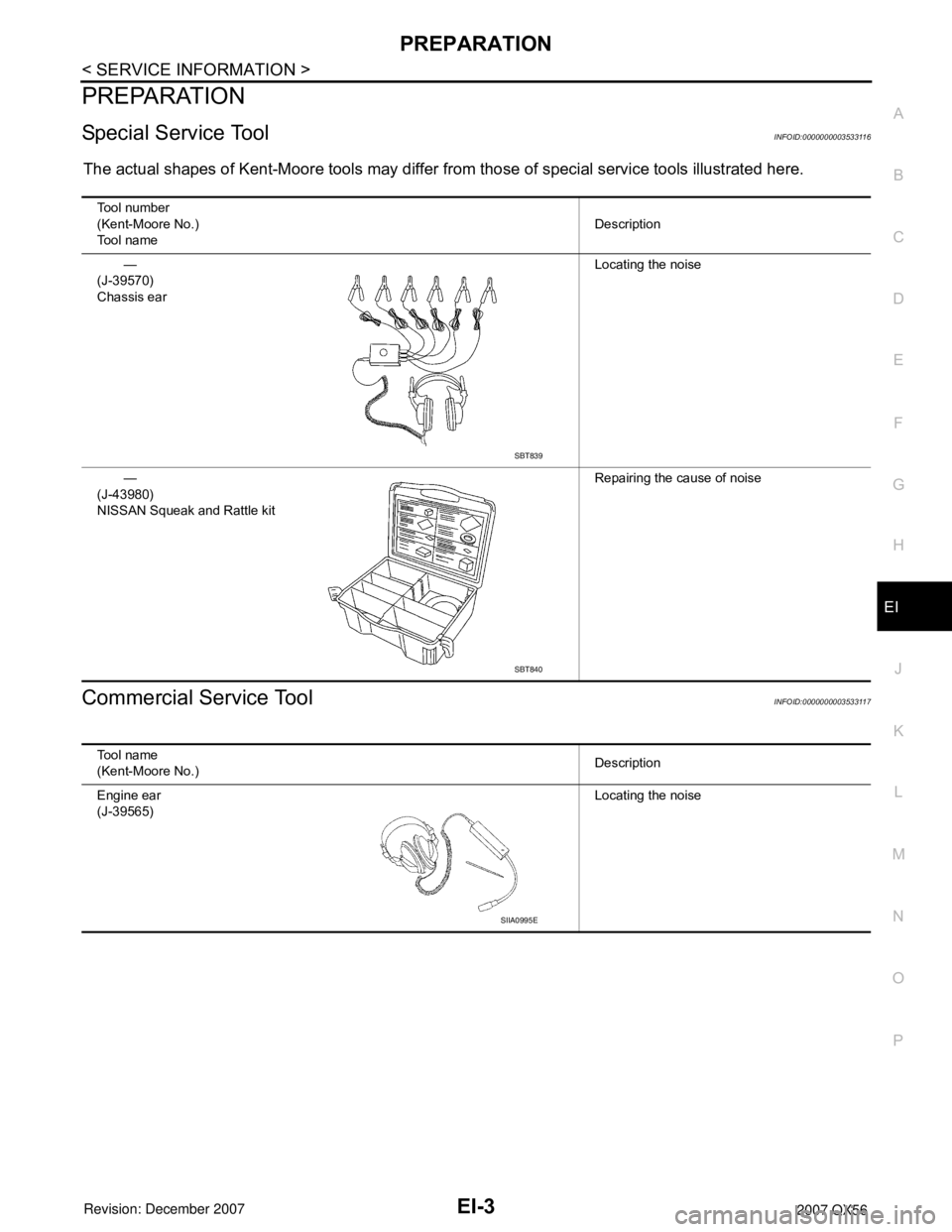 INFINITI QX56 2007  Factory Service Manual PREPARATION
EI-3
< SERVICE INFORMATION >
C
D
E
F
G
H
J
K
L
MA
B
EI
N
O
P
PREPARATION
Special Service ToolINFOID:0000000003533116
The actual shapes of Kent-Moore tools may differ from those of special 