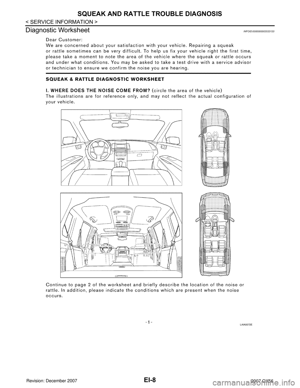 INFINITI QX56 2007  Factory Service Manual EI-8
< SERVICE INFORMATION >
SQUEAK AND RATTLE TROUBLE DIAGNOSIS
Diagnostic Worksheet
INFOID:0000000003533120
LAIA0072E 