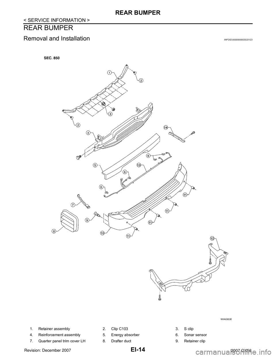 INFINITI QX56 2007 Factory Owners Manual EI-14
< SERVICE INFORMATION >
REAR BUMPER
REAR BUMPER
Removal and InstallationINFOID:0000000003533123
1. Retainer assembly 2. Clip C103 3. S clip
4. Reinforcement assembly 5. Energy absorber 6. Sonar INFINITI QX56 2007 Factory Owners Manual EI-14
< SERVICE INFORMATION >
REAR BUMPER
REAR BUMPER
Removal and InstallationINFOID:0000000003533123
1. Retainer assembly 2. Clip C103 3. S clip
4. Reinforcement assembly 5. Energy absorber 6. Sonar