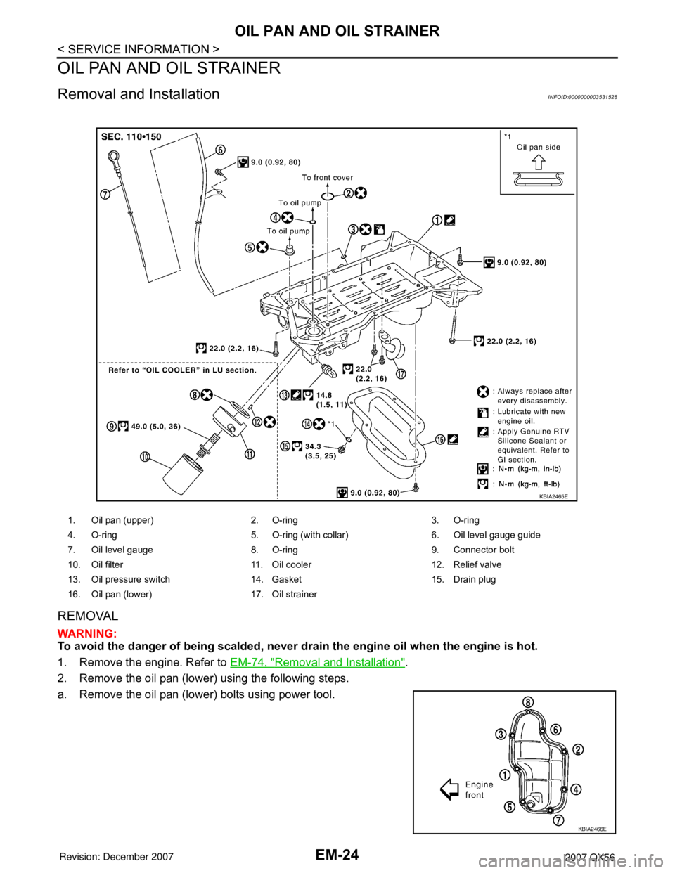 INFINITI QX56 2007 Factory Service Manual
EM-24
< SERVICE INFORMATION >
OIL PAN AND OIL STRAINER
OIL PAN AND OIL STRAINER
Removal and InstallationINFOID:0000000003531528
REMOVAL
WARNING:
To avoid the danger of being scalded, never drain the INFINITI QX56 2007 Factory Service Manual
EM-24
< SERVICE INFORMATION >
OIL PAN AND OIL STRAINER
OIL PAN AND OIL STRAINER
Removal and InstallationINFOID:0000000003531528
REMOVAL
WARNING:
To avoid the danger of being scalded, never drain the