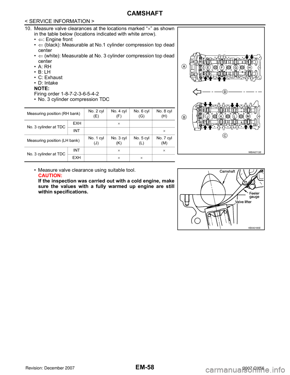 INFINITI QX56 2007  Factory Service Manual 
EM-58
< SERVICE INFORMATION >
CAMSHAFT
10. Measure valve clearances at the locations marked “×” as shown
in the table below (locations indicated with white arrow).
• ⇐ : Engine front
• ⇐