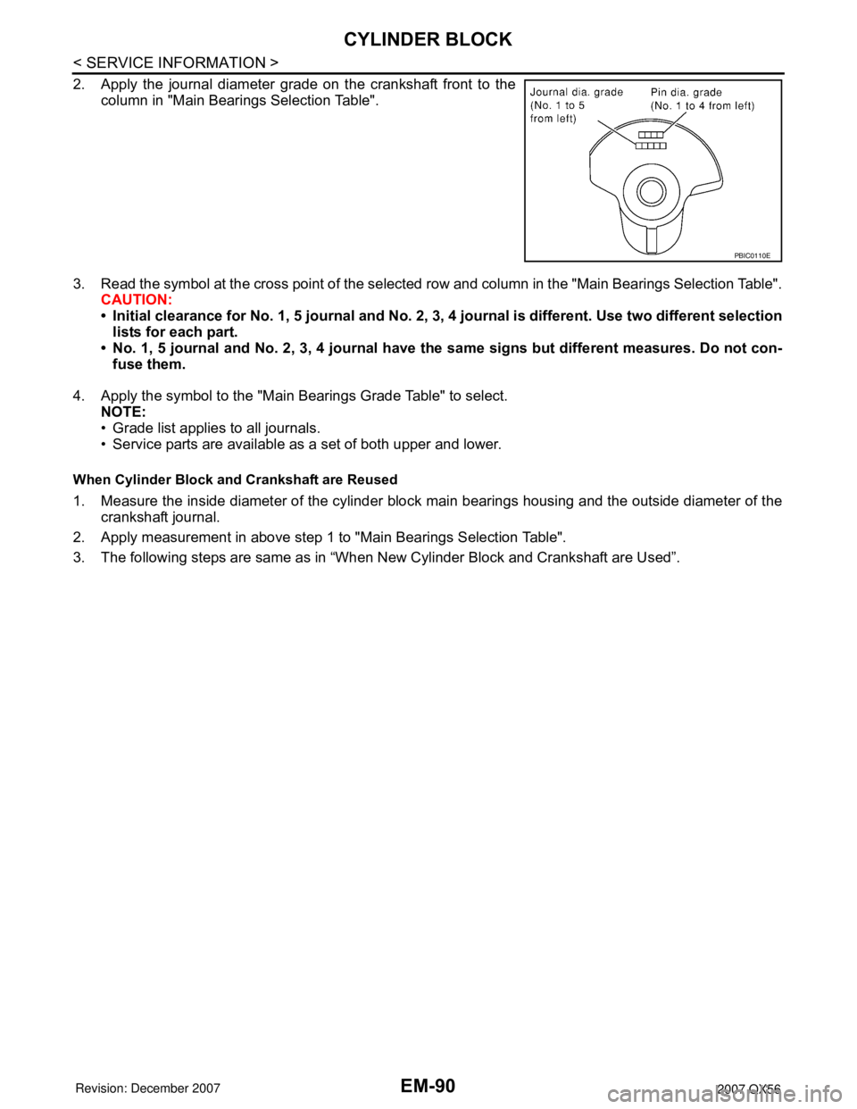 INFINITI QX56 2007 Factory Service Manual EM-90
< SERVICE INFORMATION >
CYLINDER BLOCK
2. Apply the journal diameter grade on the crankshaft front to the
column in "Main Bearings Selection Table".
3. Read the symbol at the cross point of the INFINITI QX56 2007 Factory Service Manual EM-90
< SERVICE INFORMATION >
CYLINDER BLOCK
2. Apply the journal diameter grade on the crankshaft front to the
column in "Main Bearings Selection Table".
3. Read the symbol at the cross point of the