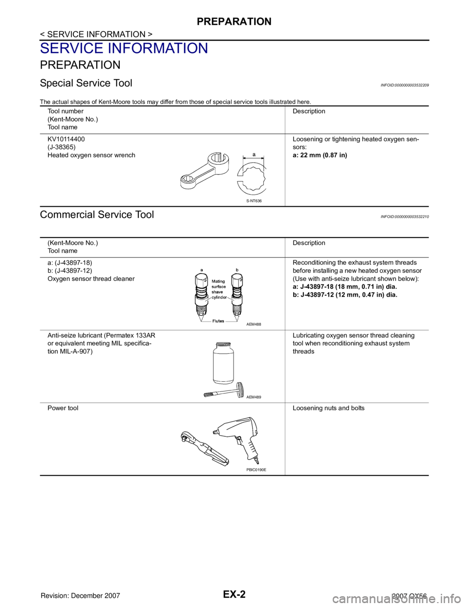 INFINITI QX56 2007  Factory Service Manual 
EX-2
< SERVICE INFORMATION >
PREPARATION
SERVICE INFORMATION
PREPARATION
Special Service ToolINFOID:0000000003532209
The actual shapes of Kent-Moore tools may differ from those of special service too