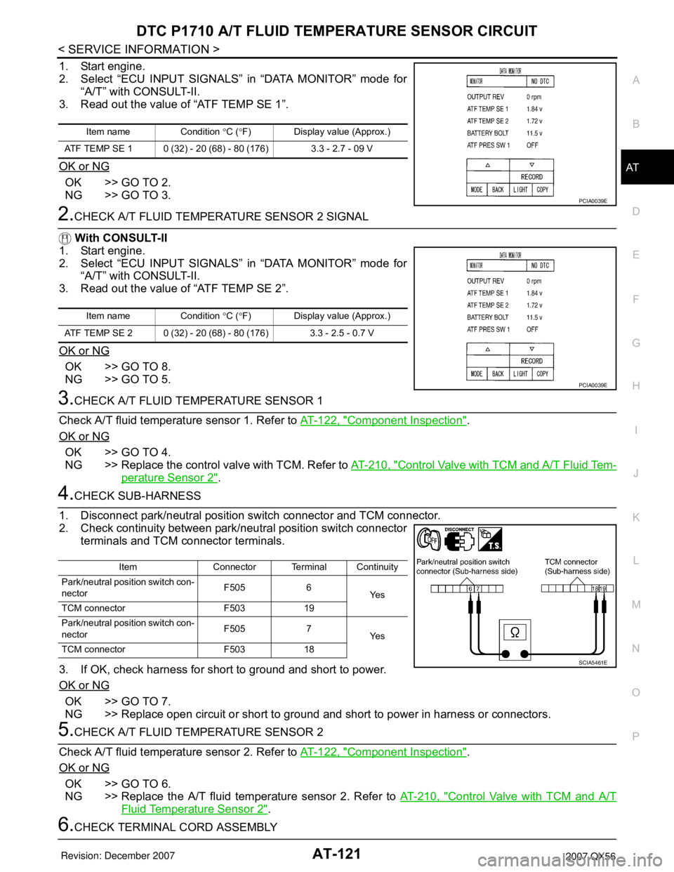 INFINITI QX56 2007 Factory Service Manual DTC P1710 A/T FLUID TEMPERATURE SENSOR CIRCUIT
AT-121
< SERVICE INFORMATION >
D
E
F
G
H
I
J
K
L
MA
B
AT
N
O
P
1. Start engine.
2. Select “ECU INPUT SIGNALS” in “DATA MONITOR” mode for
“A/T INFINITI QX56 2007 Factory Service Manual DTC P1710 A/T FLUID TEMPERATURE SENSOR CIRCUIT
AT-121
< SERVICE INFORMATION >
D
E
F
G
H
I
J
K
L
MA
B
AT
N
O
P
1. Start engine.
2. Select “ECU INPUT SIGNALS” in “DATA MONITOR” mode for
“A/T
