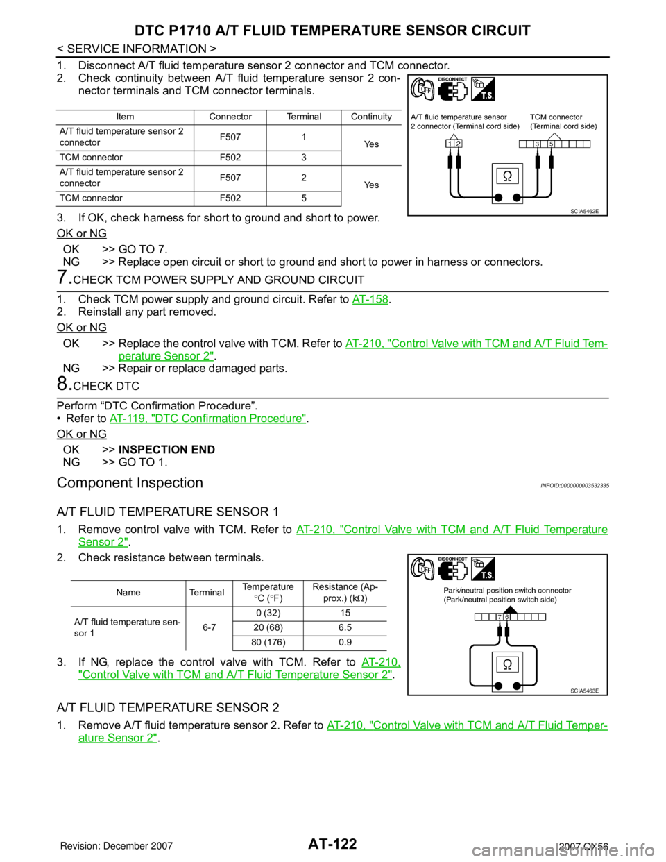 INFINITI QX56 2007 Factory Service Manual AT-122
< SERVICE INFORMATION >
DTC P1710 A/T FLUID TEMPERATURE SENSOR CIRCUIT
1. Disconnect A/T fluid temperature sensor 2 connector and TCM connector.
2. Check continuity between A/T fluid temperatur INFINITI QX56 2007 Factory Service Manual AT-122
< SERVICE INFORMATION >
DTC P1710 A/T FLUID TEMPERATURE SENSOR CIRCUIT
1. Disconnect A/T fluid temperature sensor 2 connector and TCM connector.
2. Check continuity between A/T fluid temperatur