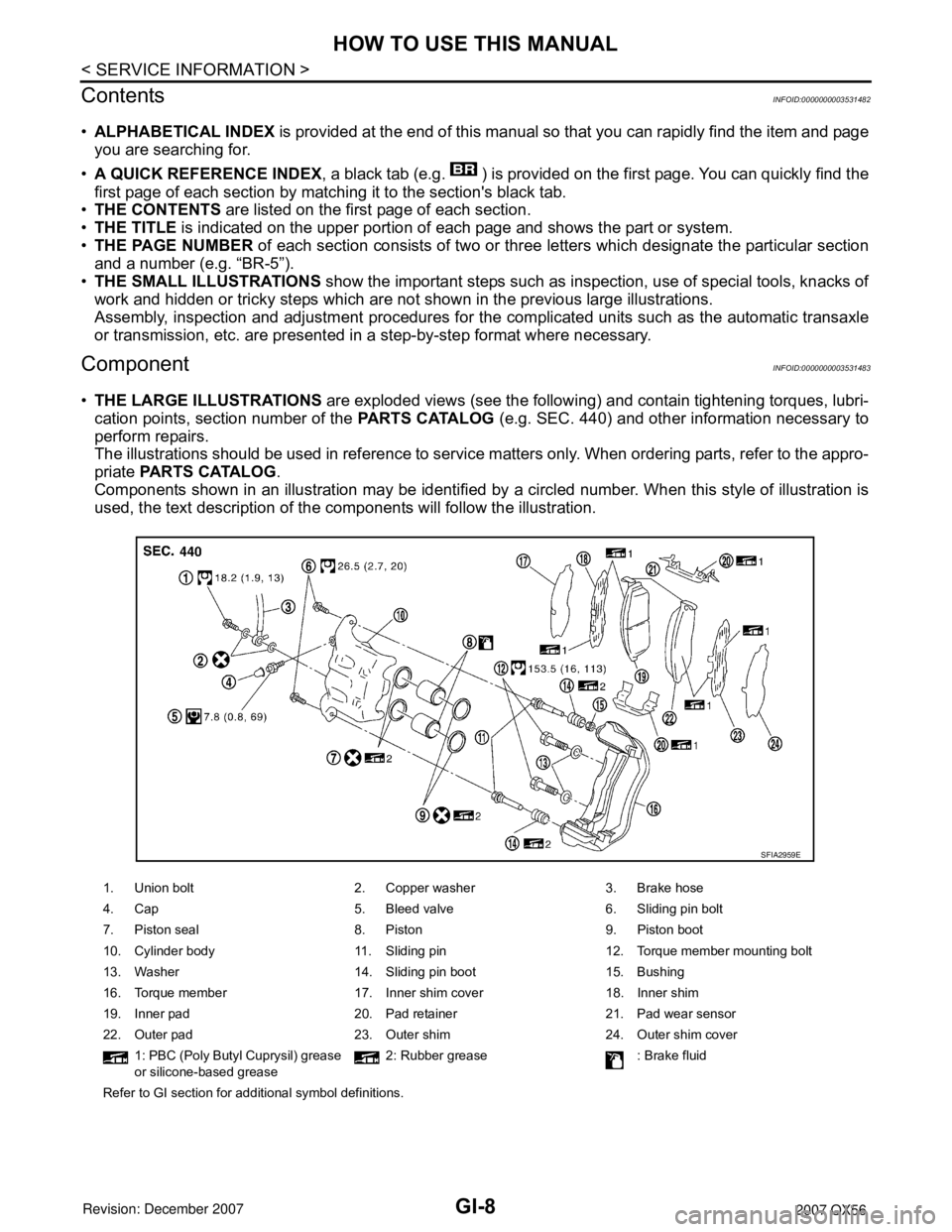INFINITI QX56 2007 Factory User Guide GI-8
< SERVICE INFORMATION >
HOW TO USE THIS MANUAL
Contents
INFOID:0000000003531482
•ALPHABETICAL INDEX is provided at the end of this manual so that you can rapidly find the item and page
you are INFINITI QX56 2007 Factory User Guide GI-8
< SERVICE INFORMATION >
HOW TO USE THIS MANUAL
Contents
INFOID:0000000003531482
•ALPHABETICAL INDEX is provided at the end of this manual so that you can rapidly find the item and page
you are