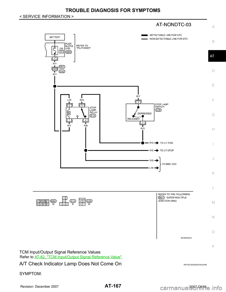 INFINITI QX56 2007 Factory Service Manual TROUBLE DIAGNOSIS FOR SYMPTOMS
AT-167
< SERVICE INFORMATION >
D
E
F
G
H
I
J
K
L
MA
B
AT
N
O
P
TCM Input/Output Signal Reference Values
Refer to AT-82, "TCM Input/Output Signal Reference Value".
A/T Ch INFINITI QX56 2007 Factory Service Manual TROUBLE DIAGNOSIS FOR SYMPTOMS
AT-167
< SERVICE INFORMATION >
D
E
F
G
H
I
J
K
L
MA
B
AT
N
O
P
TCM Input/Output Signal Reference Values
Refer to AT-82, "TCM Input/Output Signal Reference Value".
A/T Ch