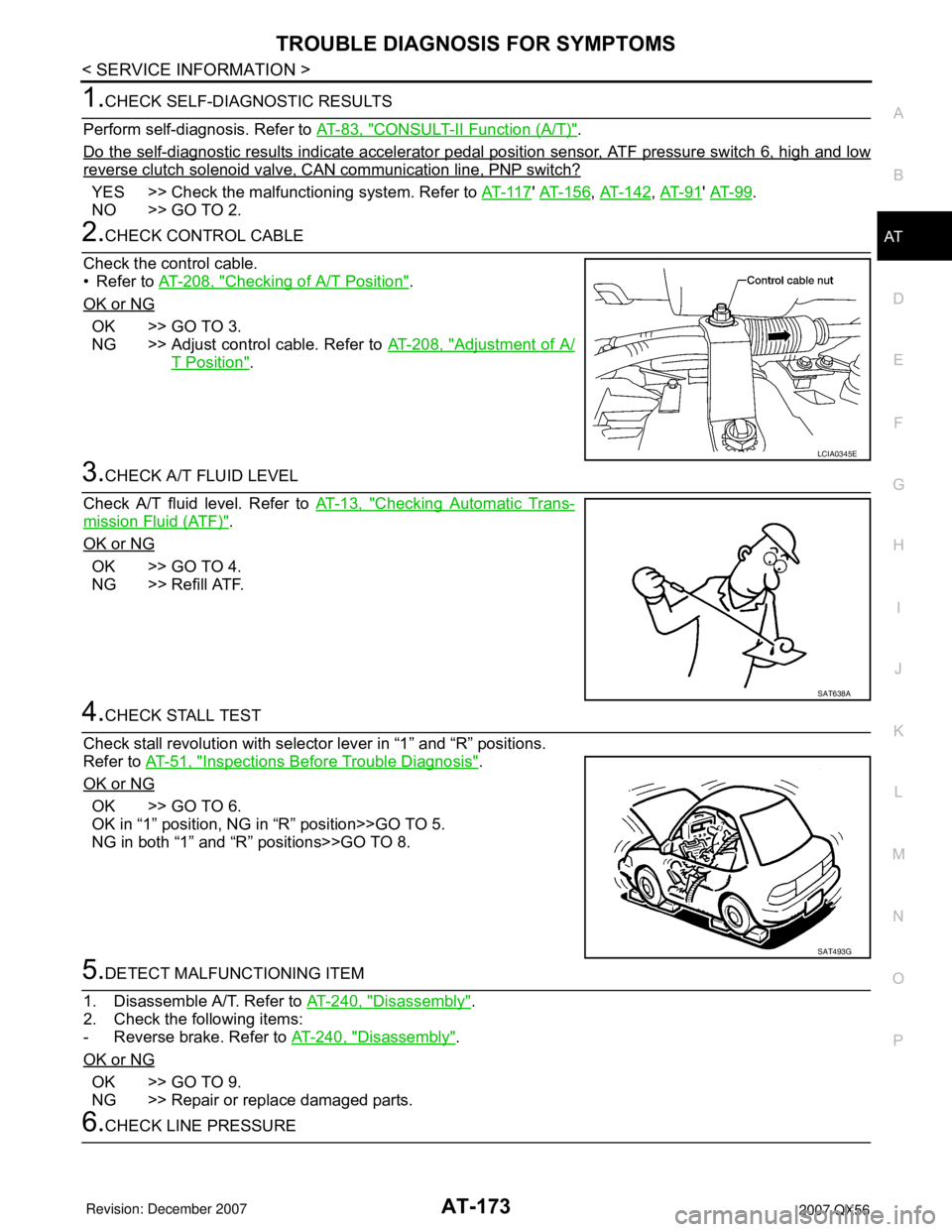 INFINITI QX56 2007 Factory Workshop Manual TROUBLE DIAGNOSIS FOR SYMPTOMS
AT-173
< SERVICE INFORMATION >
D
E
F
G
H
I
J
K
L
MA
B
AT
N
O
P
1.CHECK SELF-DIAGNOSTIC RESULTS
Perform self-diagnosis. Refer to AT-83, "
CONSULT-II Function (A/T)".
Do t INFINITI QX56 2007 Factory Workshop Manual TROUBLE DIAGNOSIS FOR SYMPTOMS
AT-173
< SERVICE INFORMATION >
D
E
F
G
H
I
J
K
L
MA
B
AT
N
O
P
1.CHECK SELF-DIAGNOSTIC RESULTS
Perform self-diagnosis. Refer to AT-83, "
CONSULT-II Function (A/T)".
Do t