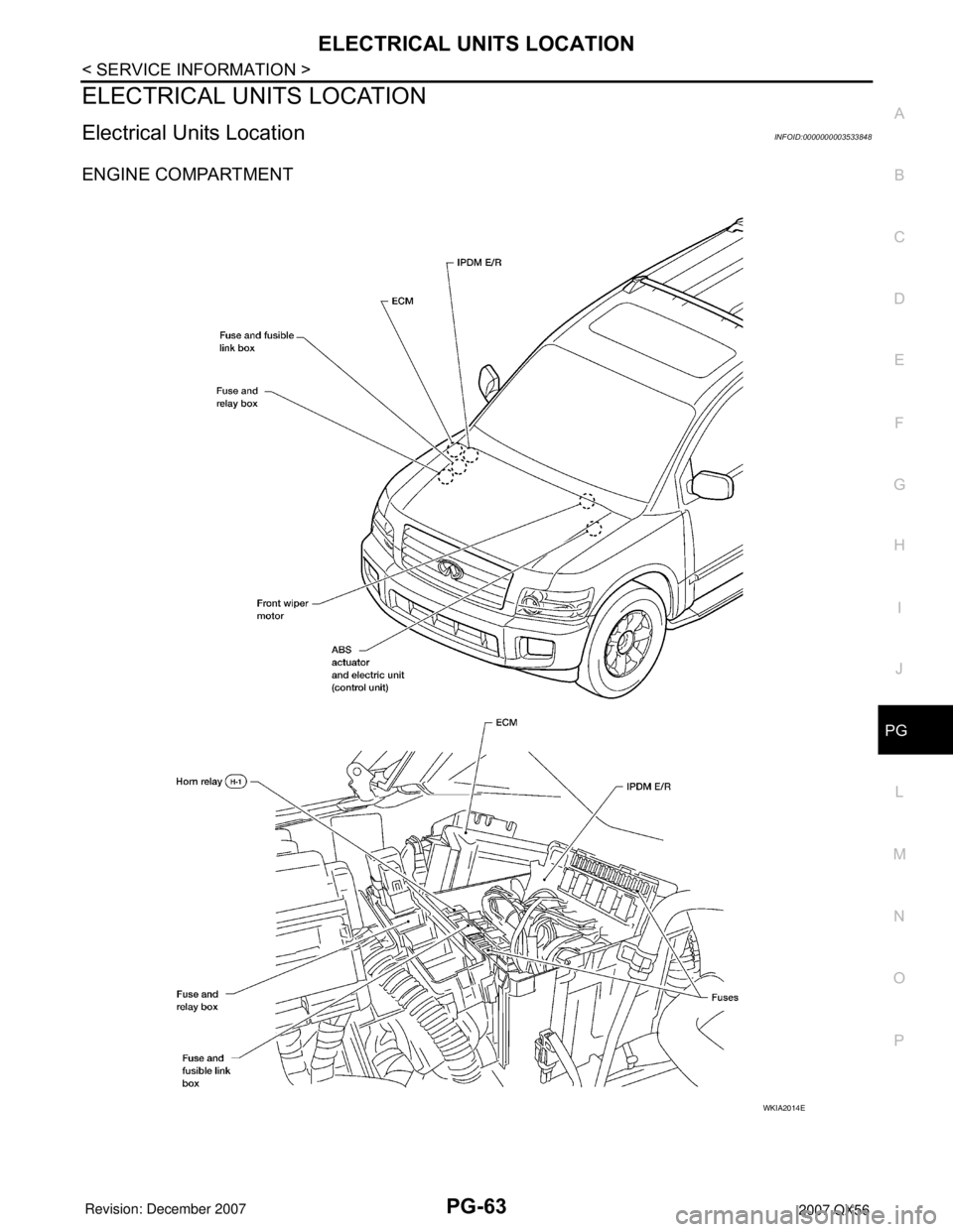 INFINITI QX56 2007  Factory Service Manual ELECTRICAL UNITS LOCATION
PG-63
< SERVICE INFORMATION >
C
D
E
F
G
H
I
J
L
MA
B
PG
N
O
P
ELECTRICAL UNITS LOCATION
Electrical Units LocationINFOID:0000000003533848
ENGINE COMPARTMENT
WKIA2014E 