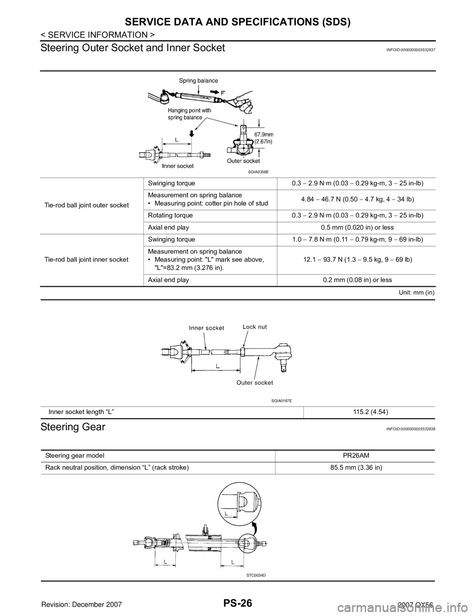 INFINITI QX56 2007 Factory Service Manual PS-26
< SERVICE INFORMATION >
SERVICE DATA AND SPECIFICATIONS (SDS)
Steering Outer Socket and Inner Socket
INFOID:0000000003532837
Unit: mm (in)
Steering GearINFOID:0000000003532838
Tie-rod ball joint INFINITI QX56 2007 Factory Service Manual PS-26
< SERVICE INFORMATION >
SERVICE DATA AND SPECIFICATIONS (SDS)
Steering Outer Socket and Inner Socket
INFOID:0000000003532837
Unit: mm (in)
Steering GearINFOID:0000000003532838
Tie-rod ball joint