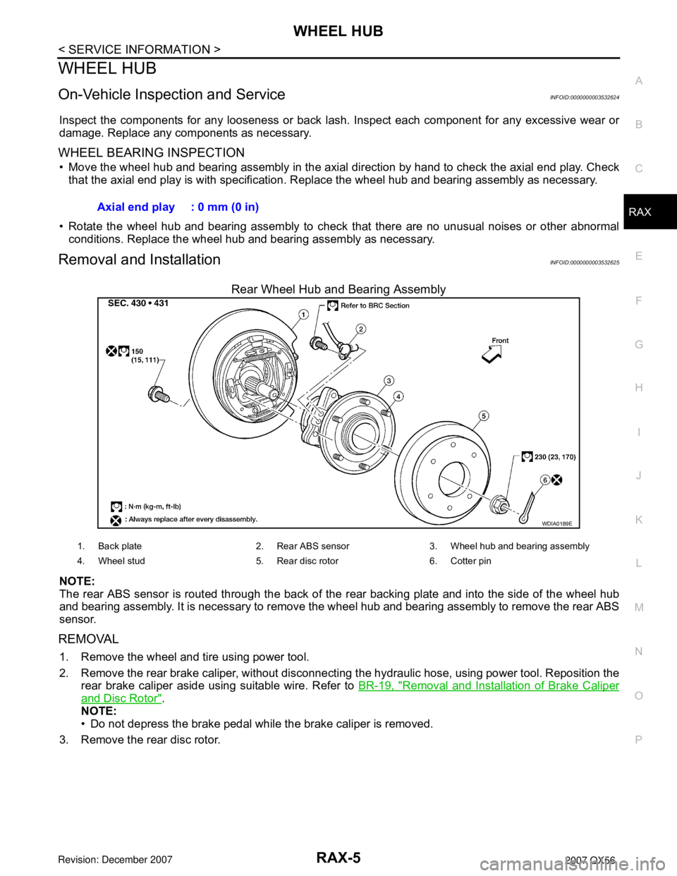 INFINITI QX56 2007  Factory User Guide WHEEL HUB
RAX-5
< SERVICE INFORMATION >
C
E
F
G
H
I
J
K
L
MA
B
RAX
N
O
P
WHEEL HUB
On-Vehicle Inspection and ServiceINFOID:0000000003532624
Inspect the components for any looseness or back lash. Inspe