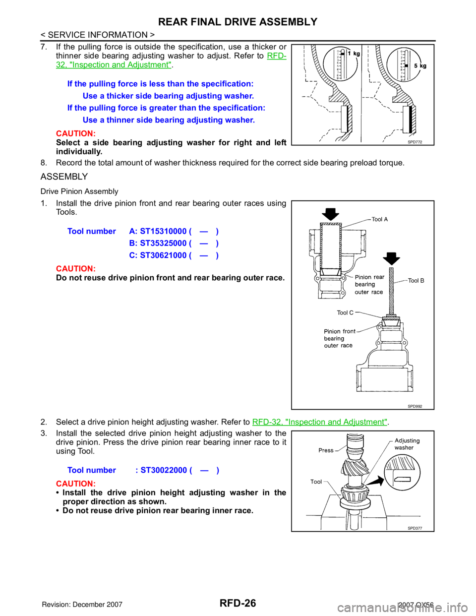INFINITI QX56 2007 Factory Service Manual RFD-26
< SERVICE INFORMATION >
REAR FINAL DRIVE ASSEMBLY
7. If the pulling force is outside the specification, use a thicker or
thinner side bearing adjusting washer to adjust. Refer to RFD-
32, "Insp INFINITI QX56 2007 Factory Service Manual RFD-26
< SERVICE INFORMATION >
REAR FINAL DRIVE ASSEMBLY
7. If the pulling force is outside the specification, use a thicker or
thinner side bearing adjusting washer to adjust. Refer to RFD-
32, "Insp