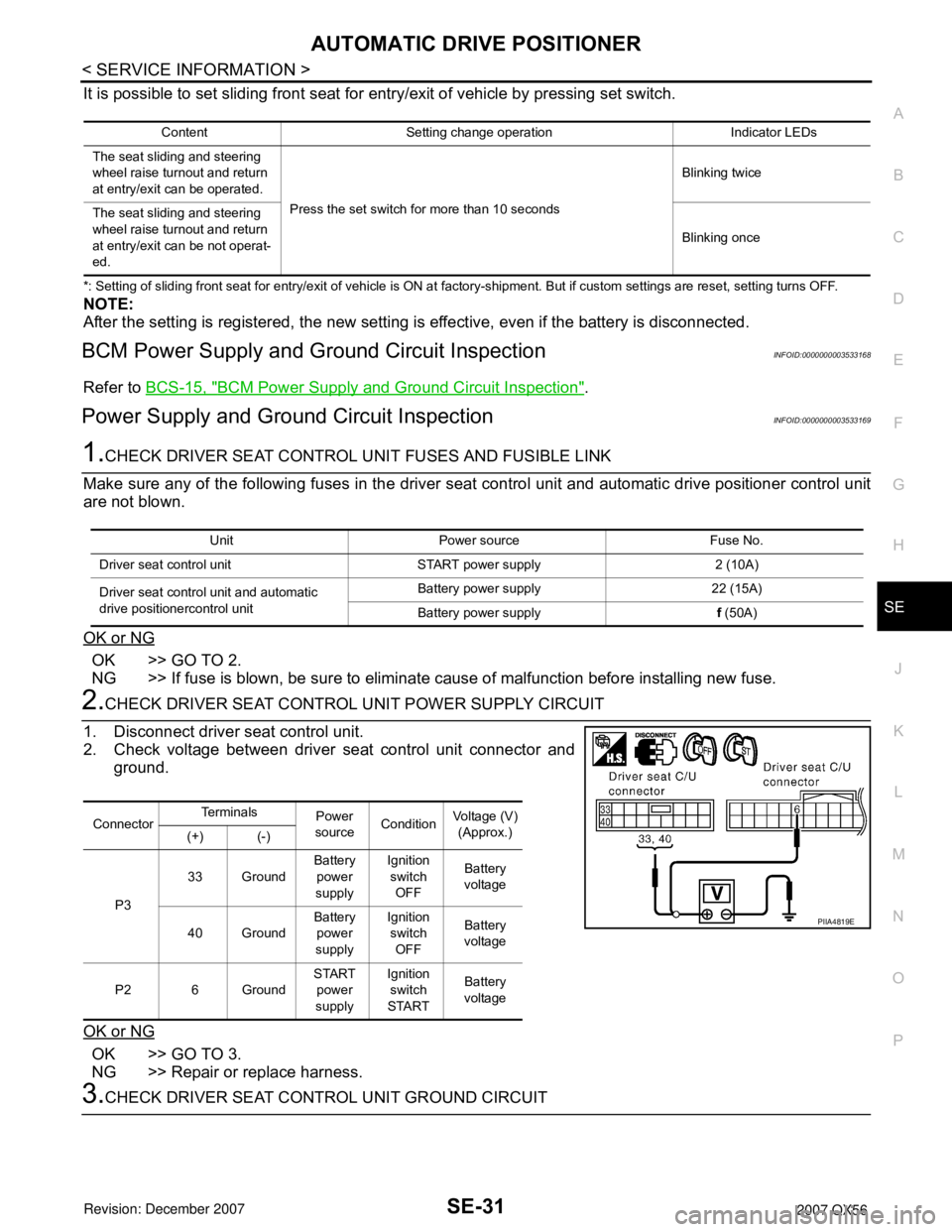INFINITI QX56 2007 Factory Service Manual AUTOMATIC DRIVE POSITIONER
SE-31
< SERVICE INFORMATION >
C
D
E
F
G
H
J
K
L
MA
B
SE
N
O
P
It is possible to set sliding front seat for entry/exit of vehicle by pressing set switch.
*: Setting of slidin INFINITI QX56 2007 Factory Service Manual AUTOMATIC DRIVE POSITIONER
SE-31
< SERVICE INFORMATION >
C
D
E
F
G
H
J
K
L
MA
B
SE
N
O
P
It is possible to set sliding front seat for entry/exit of vehicle by pressing set switch.
*: Setting of slidin
