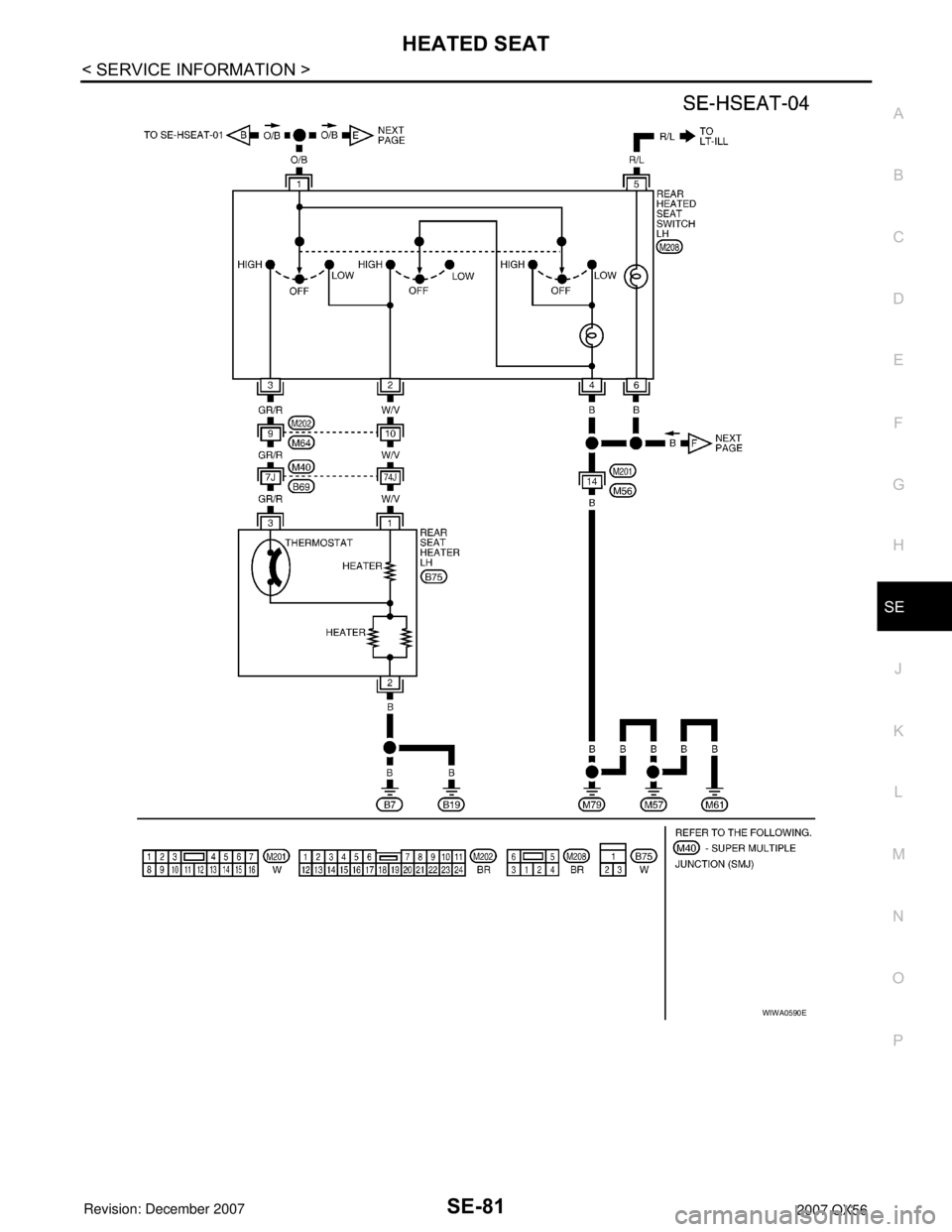 INFINITI QX56 2007  Factory Service Manual HEATED SEAT
SE-81
< SERVICE INFORMATION >
C
D
E
F
G
H
J
K
L
MA
B
SE
N
O
P
WIWA0590E 