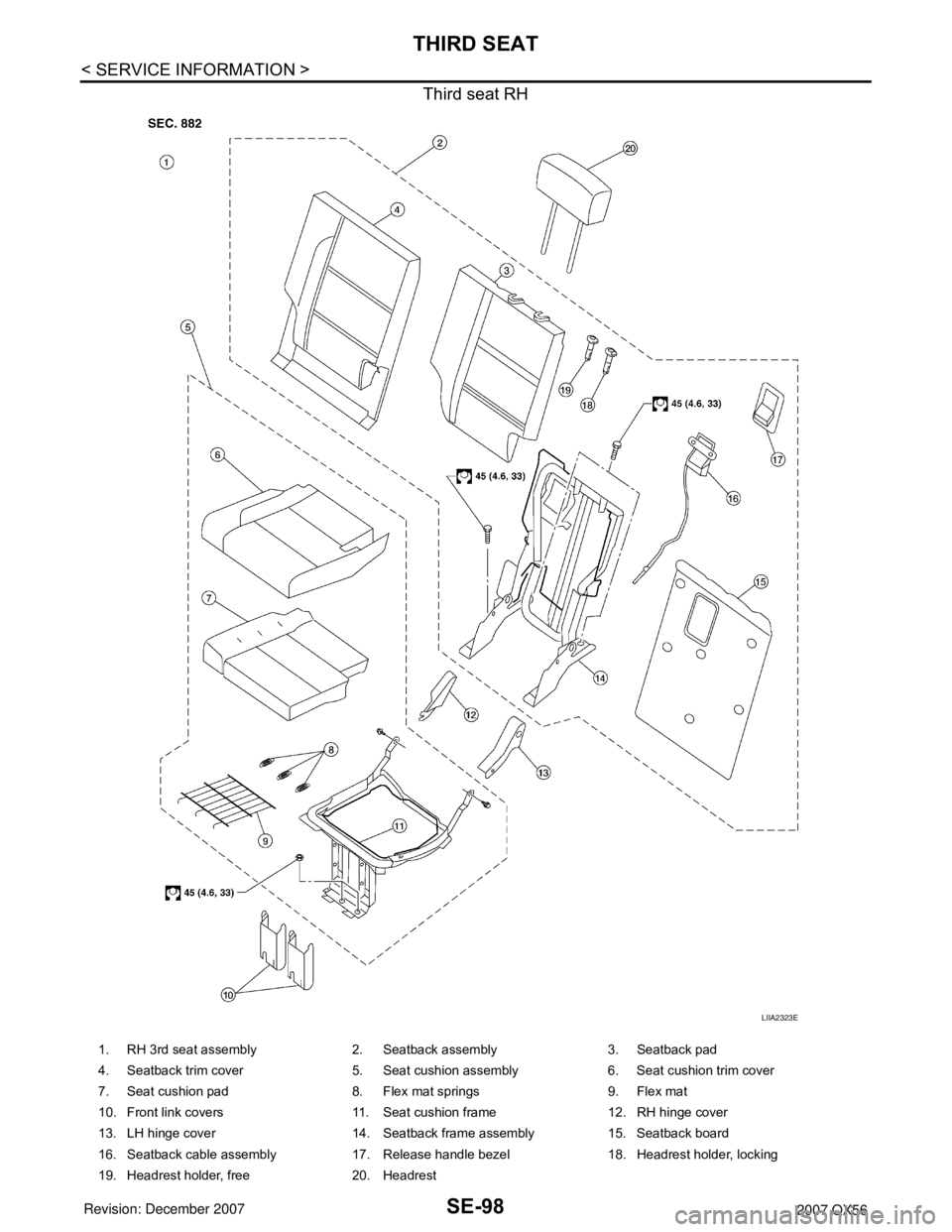 INFINITI QX56 2007 Factory User Guide SE-98
< SERVICE INFORMATION >
THIRD SEAT
Third seat RH
LIIA2323E
1. RH 3rd seat assembly 2. Seatback assembly 3. Seatback pad
4. Seatback trim cover 5. Seat cushion assembly 6. Seat cushion trim cover INFINITI QX56 2007 Factory User Guide SE-98
< SERVICE INFORMATION >
THIRD SEAT
Third seat RH
LIIA2323E
1. RH 3rd seat assembly 2. Seatback assembly 3. Seatback pad
4. Seatback trim cover 5. Seat cushion assembly 6. Seat cushion trim cover