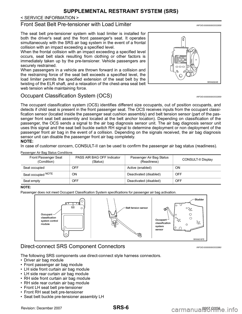 INFINITI QX56 2007 Factory Service Manual SRS-6
< SERVICE INFORMATION >
SUPPLEMENTAL RESTRAINT SYSTEM (SRS)
Front Seat Belt Pre-tensioner with Load Limiter
INFOID:0000000003532858
The seat belt pre-tensioner system with load limiter is instal INFINITI QX56 2007 Factory Service Manual SRS-6
< SERVICE INFORMATION >
SUPPLEMENTAL RESTRAINT SYSTEM (SRS)
Front Seat Belt Pre-tensioner with Load Limiter
INFOID:0000000003532858
The seat belt pre-tensioner system with load limiter is instal