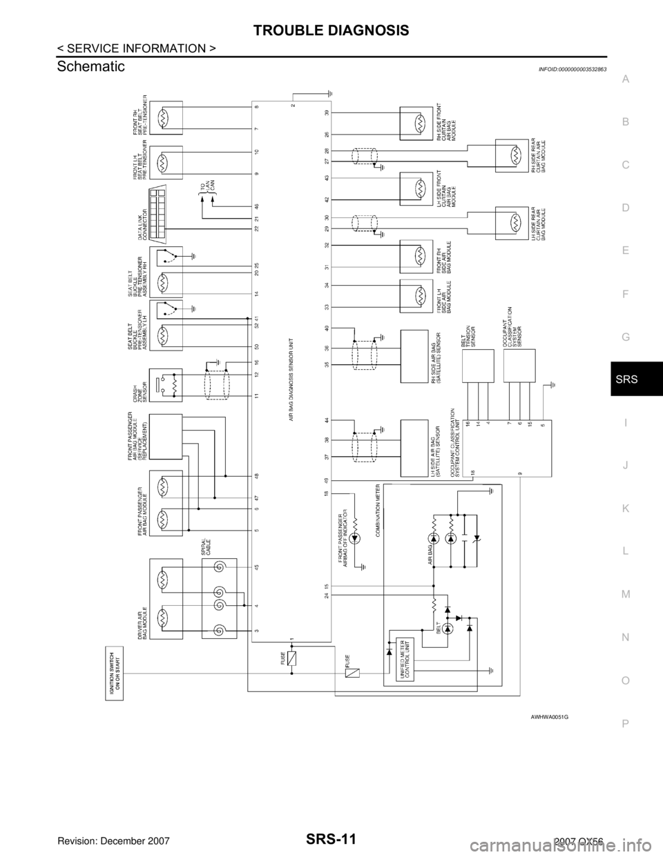 INFINITI QX56 2007 Factory Service Manual TROUBLE DIAGNOSIS
SRS-11
< SERVICE INFORMATION >
C
D
E
F
G
I
J
K
L
MA
B
SRS
N
O
P
SchematicINFOID:0000000003532863
AWHWA0051G INFINITI QX56 2007 Factory Service Manual TROUBLE DIAGNOSIS
SRS-11
< SERVICE INFORMATION >
C
D
E
F
G
I
J
K
L
MA
B
SRS
N
O
P
SchematicINFOID:0000000003532863
AWHWA0051G