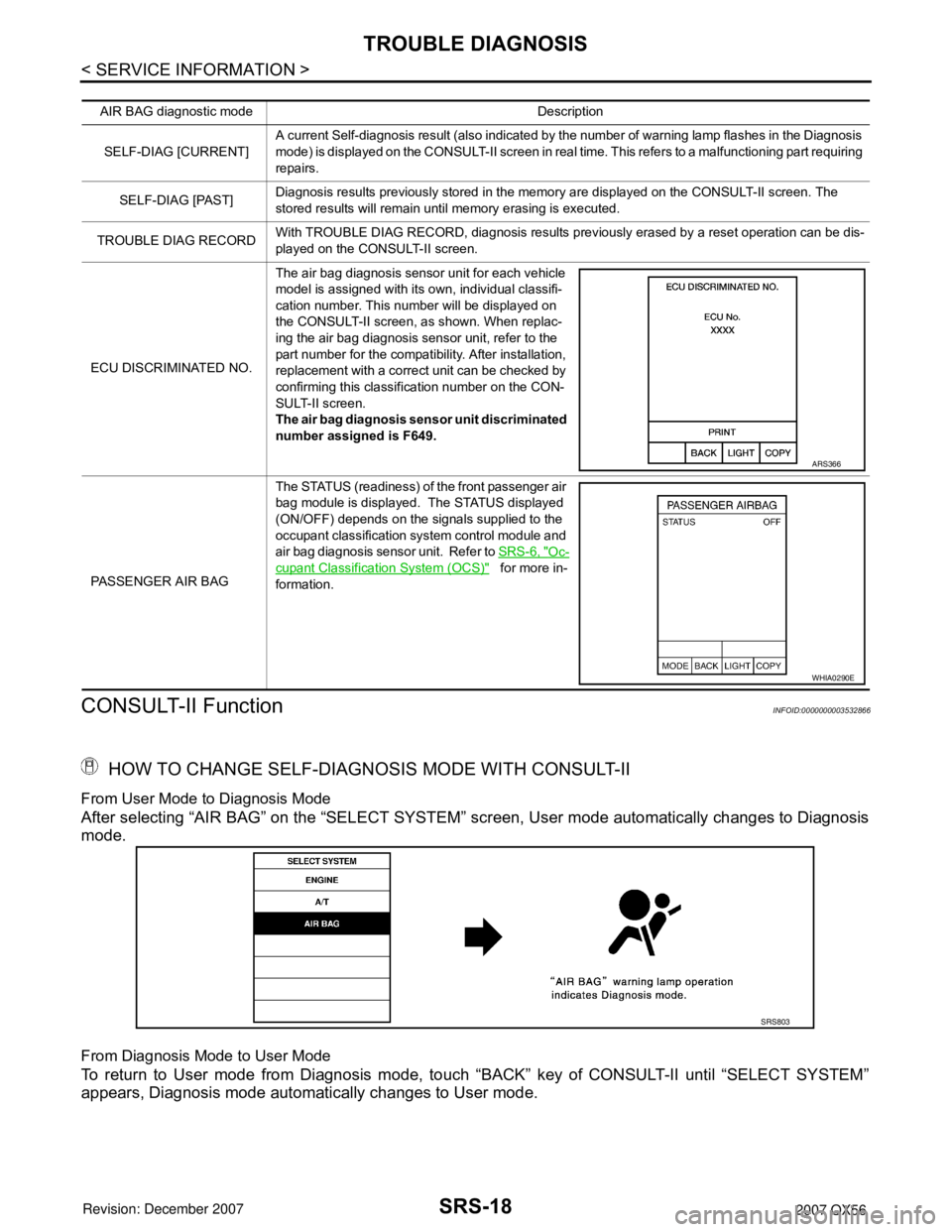 INFINITI QX56 2007  Factory Service Manual SRS-18
< SERVICE INFORMATION >
TROUBLE DIAGNOSIS
CONSULT-II Function
INFOID:0000000003532866
 HOW TO CHANGE SELF-DIAGNOSIS MODE WITH CONSULT-II
From User Mode to Diagnosis Mode
After selecting “AIR 