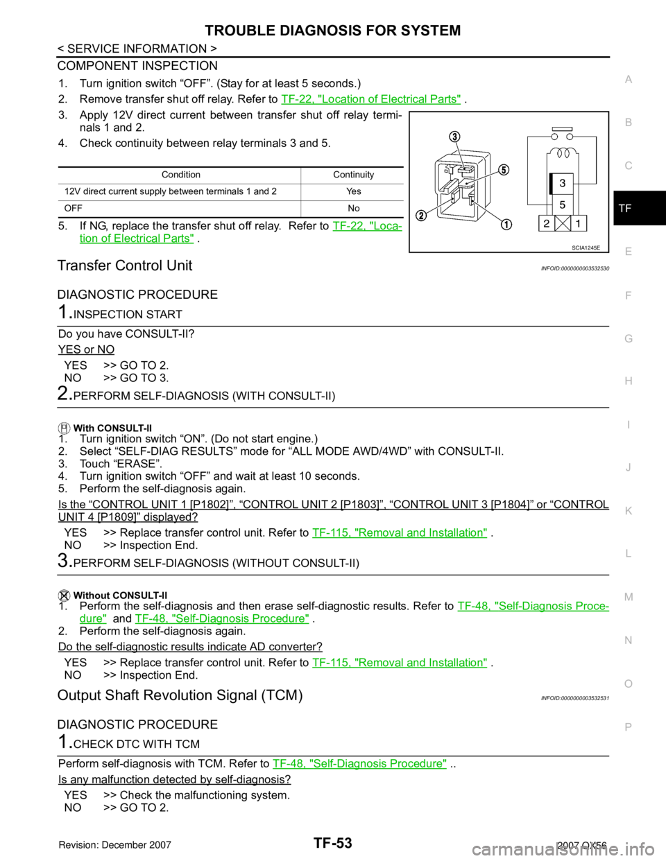 INFINITI QX56 2007 Factory Service Manual TROUBLE DIAGNOSIS FOR SYSTEM
TF-53
< SERVICE INFORMATION >
C
E
F
G
H
I
J
K
L
MA
B
TF
N
O
P
COMPONENT INSPECTION
1. Turn ignition switch “OFF”. (Stay for at least 5 seconds.)
2. Remove transfer shu INFINITI QX56 2007 Factory Service Manual TROUBLE DIAGNOSIS FOR SYSTEM
TF-53
< SERVICE INFORMATION >
C
E
F
G
H
I
J
K
L
MA
B
TF
N
O
P
COMPONENT INSPECTION
1. Turn ignition switch “OFF”. (Stay for at least 5 seconds.)
2. Remove transfer shu