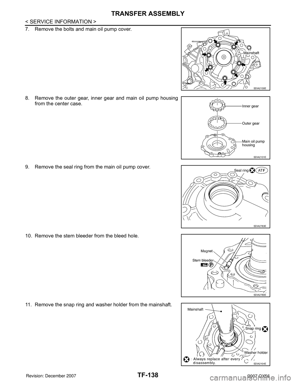 INFINITI QX56 2007  Factory Service Manual TF-138
< SERVICE INFORMATION >
TRANSFER ASSEMBLY
7. Remove the bolts and main oil pump cover.
8. Remove the outer gear, inner gear and main oil pump housing
from the center case.
9. Remove the seal ri