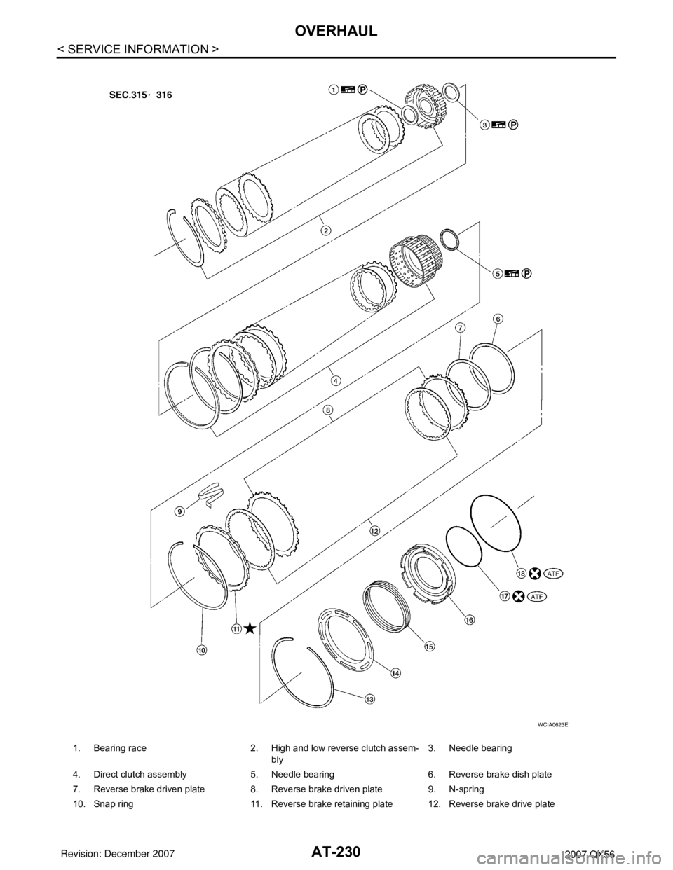 INFINITI QX56 2007 Factory Service Manual AT-230
< SERVICE INFORMATION >
OVERHAUL
1. Bearing race 2. High and low reverse clutch assem-
bly3. Needle bearing
4. Direct clutch assembly 5. Needle bearing 6. Reverse brake dish plate
7. Reverse br INFINITI QX56 2007 Factory Service Manual AT-230
< SERVICE INFORMATION >
OVERHAUL
1. Bearing race 2. High and low reverse clutch assem-
bly3. Needle bearing
4. Direct clutch assembly 5. Needle bearing 6. Reverse brake dish plate
7. Reverse br