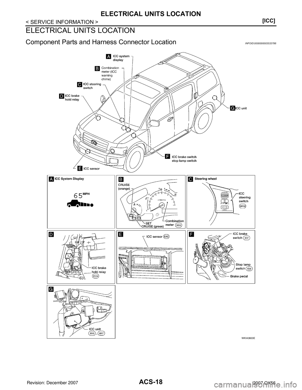 INFINITI QX56 2007  Factory Owners Guide ACS-18
< SERVICE INFORMATION >[ICC]
ELECTRICAL UNITS LOCATION
ELECTRICAL UNITS LOCATION
Component Parts and Harness Connector LocationINFOID:0000000003533786
WKIA3603E 