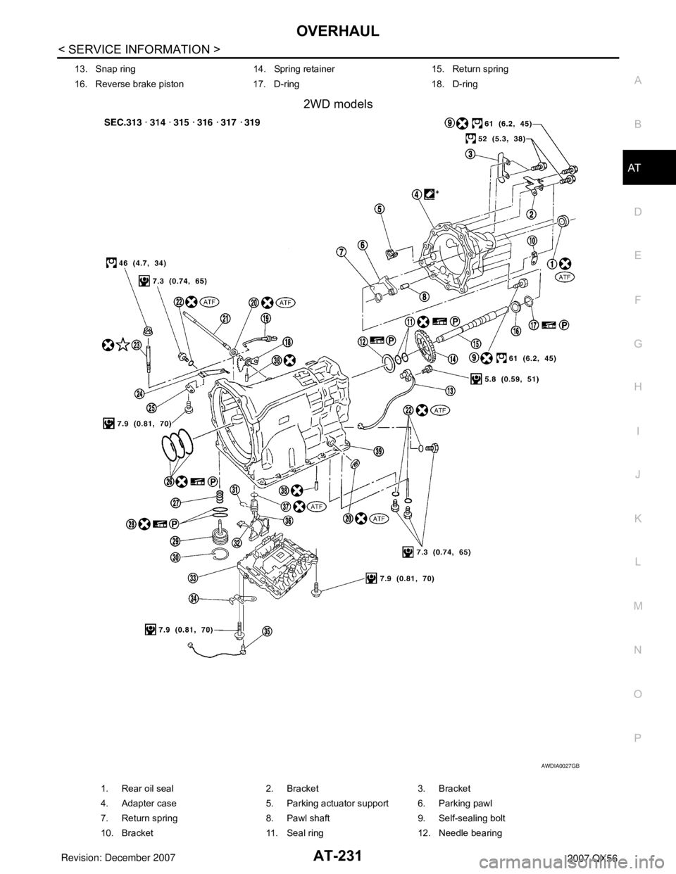 INFINITI QX56 2007 Factory Service Manual OVERHAUL
AT-231
< SERVICE INFORMATION >
D
E
F
G
H
I
J
K
L
MA
B
AT
N
O
P
2WD models
13. Snap ring 14. Spring retainer 15. Return spring
16. Reverse brake piston 17. D-ring 18. D-ring
AWDIA0027GB
1. Rea INFINITI QX56 2007 Factory Service Manual OVERHAUL
AT-231
< SERVICE INFORMATION >
D
E
F
G
H
I
J
K
L
MA
B
AT
N
O
P
2WD models
13. Snap ring 14. Spring retainer 15. Return spring
16. Reverse brake piston 17. D-ring 18. D-ring
AWDIA0027GB
1. Rea