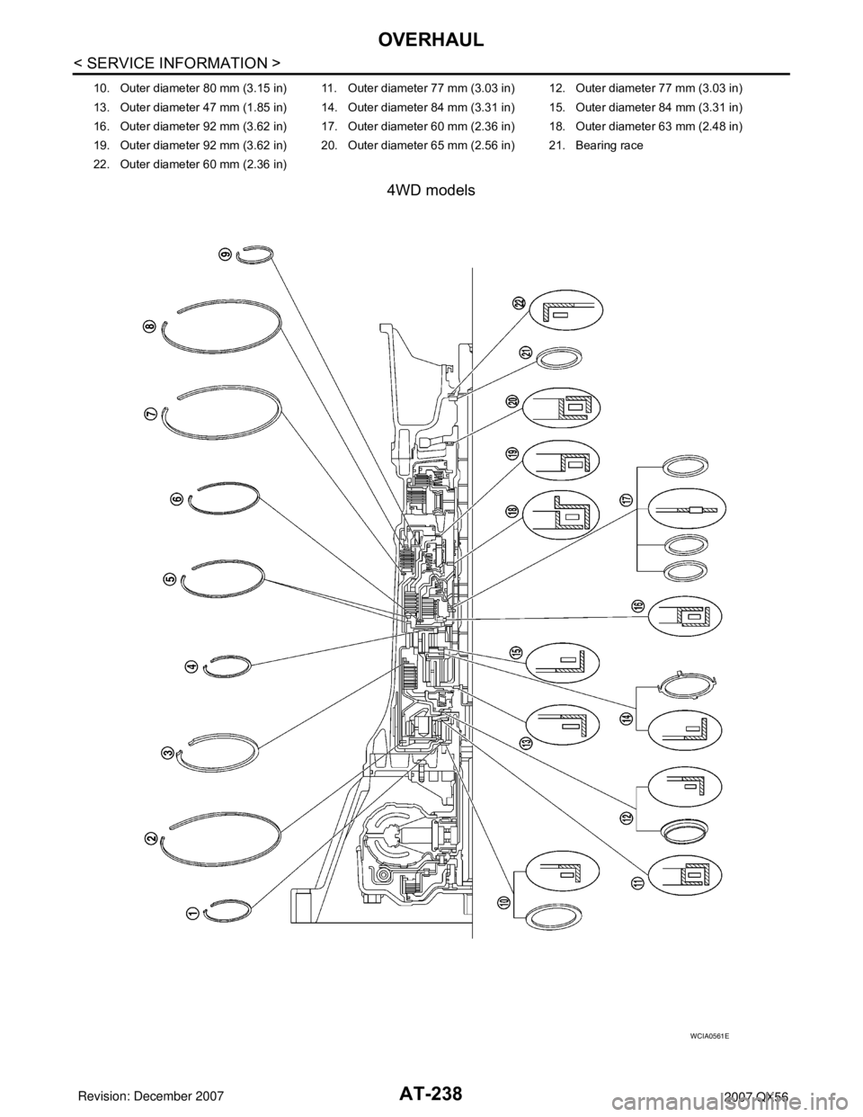 INFINITI QX56 2007  Factory Service Manual AT-238
< SERVICE INFORMATION >
OVERHAUL
4WD models
10. Outer diameter 80 mm (3.15 in) 11. Outer diameter 77 mm (3.03 in) 12. Outer diameter 77 mm (3.03 in)
13. Outer diameter 47 mm (1.85 in) 14. Outer