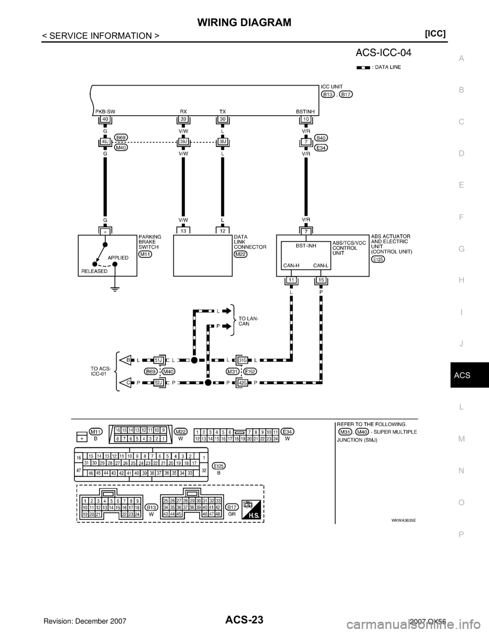 INFINITI QX56 2007  Factory Service Manual WIRING DIAGRAM
ACS-23
< SERVICE INFORMATION >[ICC]
C
D
E
F
G
H
I
J
L
MA
B
ACS
N
O
P
WKWA3635E 