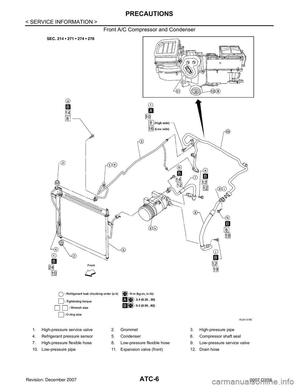 INFINITI QX56 2007 Factory Service Manual
ATC-6
< SERVICE INFORMATION >
PRECAUTIONS
Front A/C Compressor and Condenser
WJIA1578E
1. High-pressure service valve 2. Grommet 3. High-pressure pipe
4. Refrigerant pressure sensor 5. Condenser 6. C INFINITI QX56 2007 Factory Service Manual
ATC-6
< SERVICE INFORMATION >
PRECAUTIONS
Front A/C Compressor and Condenser
WJIA1578E
1. High-pressure service valve 2. Grommet 3. High-pressure pipe
4. Refrigerant pressure sensor 5. Condenser 6. C