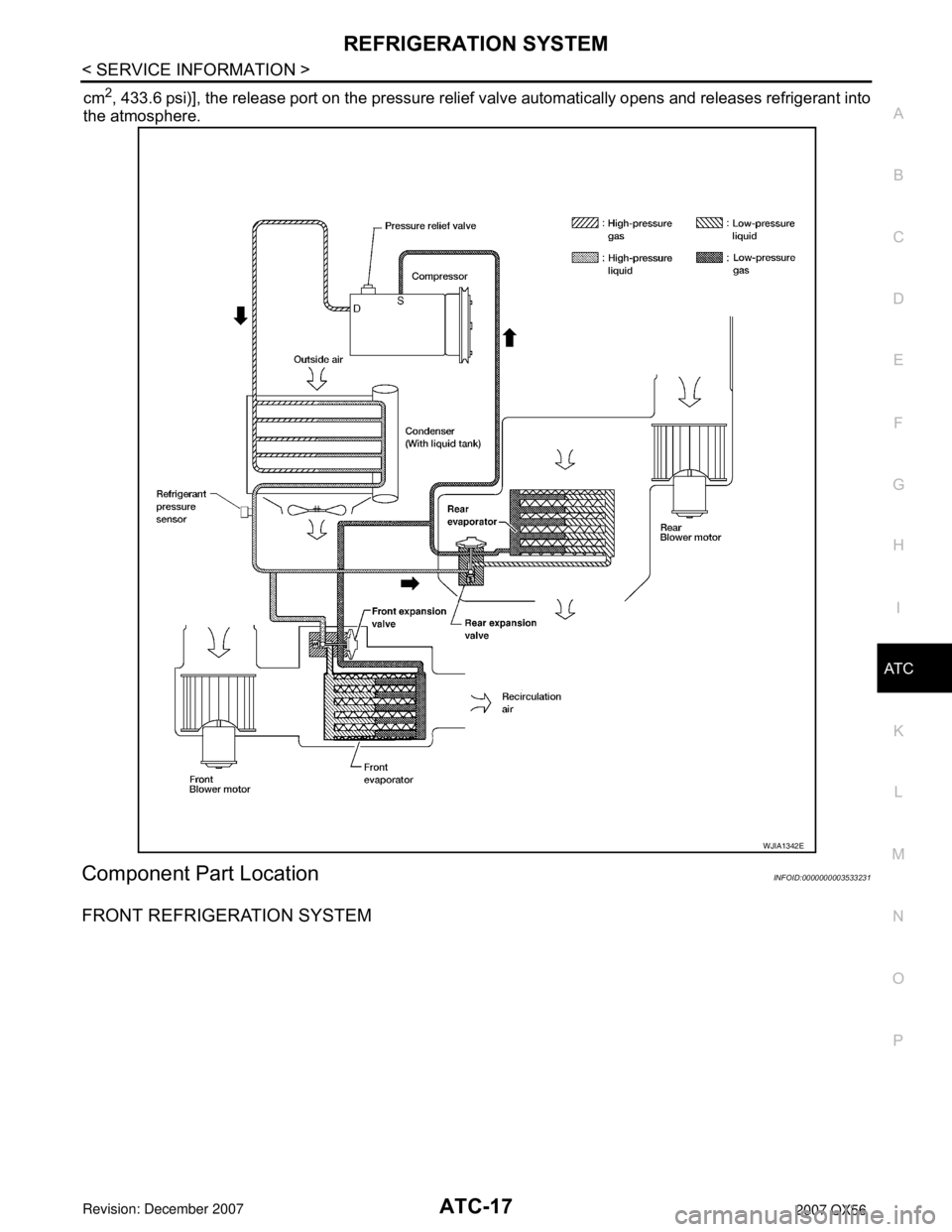 INFINITI QX56 2007  Factory Service Manual 
REFRIGERATION SYSTEMATC-17
< SERVICE INFORMATION >
C
DE
F
G H
I
K L
M A
B
AT C
N
O P
cm2, 433.6 psi)], the release port on the pressure relief  valve automatically opens and releases refrigerant into