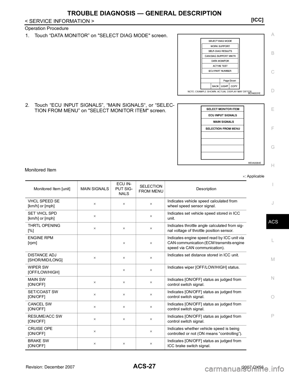 INFINITI QX56 2007  Factory Service Manual TROUBLE DIAGNOSIS — GENERAL DESCRIPTION
ACS-27
< SERVICE INFORMATION >[ICC]
C
D
E
F
G
H
I
J
L
MA
B
ACS
N
O
P Operation Procedure
1. Touch “DATA MONITOR” on "SELECT DIAG MODE" screen.
2. Touch 