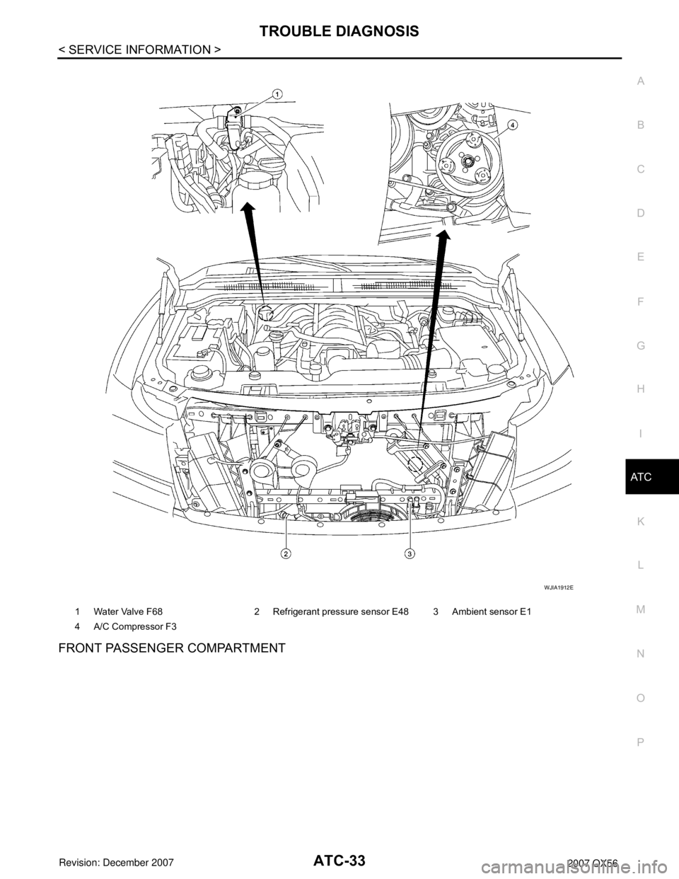 INFINITI QX56 2007  Factory Service Manual 
TROUBLE DIAGNOSISATC-33
< SERVICE INFORMATION >
C
DE
F
G H
I
K L
M A
B
AT C
N
O P
FRONT PASSENGER COMPARTMENT
1 Water Valve F68 2 Refrigerant pressure sensor E48 3 Ambient sensor E1
4 A/C Compressor 