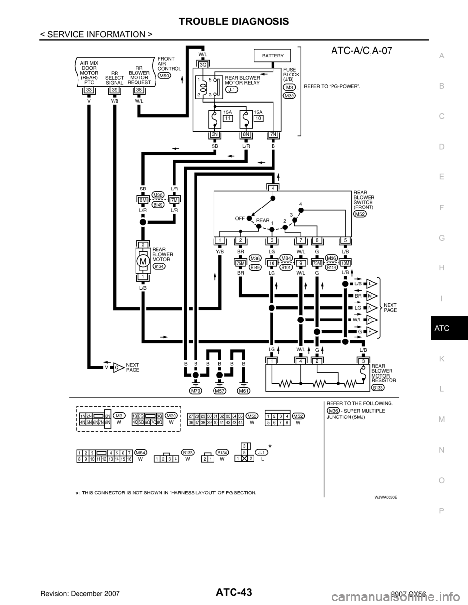 INFINITI QX56 2007  Factory Service Manual 
TROUBLE DIAGNOSISATC-43
< SERVICE INFORMATION >
C
DE
F
G H
I
K L
M A
B
AT C
N
O P
WJWA0330E 
