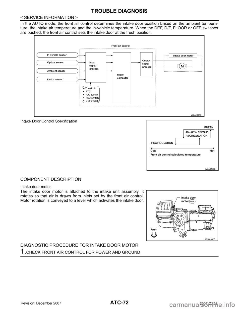 INFINITI QX56 2007  Factory Service Manual 
ATC-72
< SERVICE INFORMATION >
TROUBLE DIAGNOSIS
In the AUTO mode, the front air control determines the intake door position based on the ambient tempera-
ture, the intake air temperature and the in-