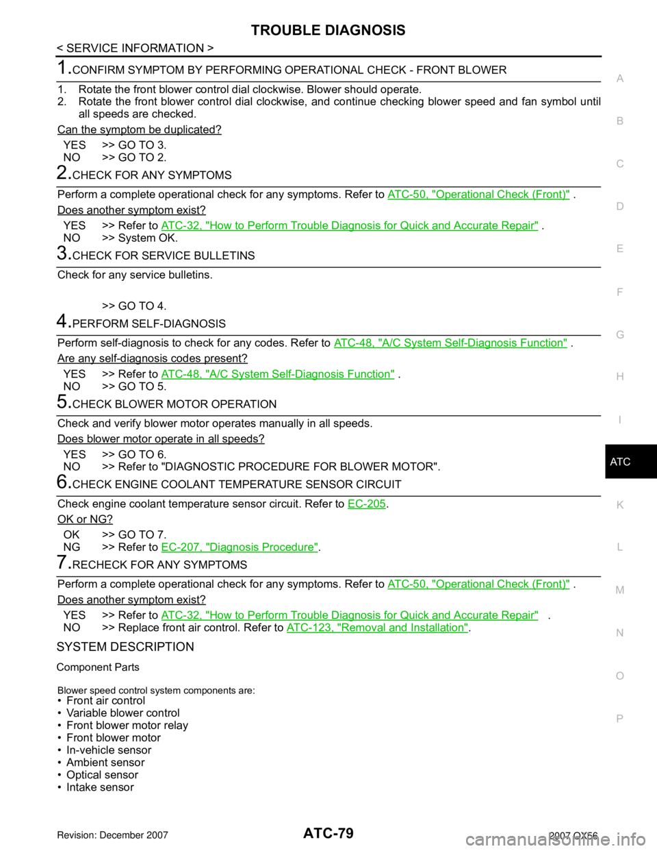 INFINITI QX56 2007  Factory Service Manual 
TROUBLE DIAGNOSISATC-79
< SERVICE INFORMATION >
C
DE
F
G H
I
K L
M A
B
AT C
N
O P
1.CONFIRM SYMPTOM BY PERFORMING OPERATIONAL CHECK - FRONT BLOWER
1. Rotate the front blower control dial clockwise. B