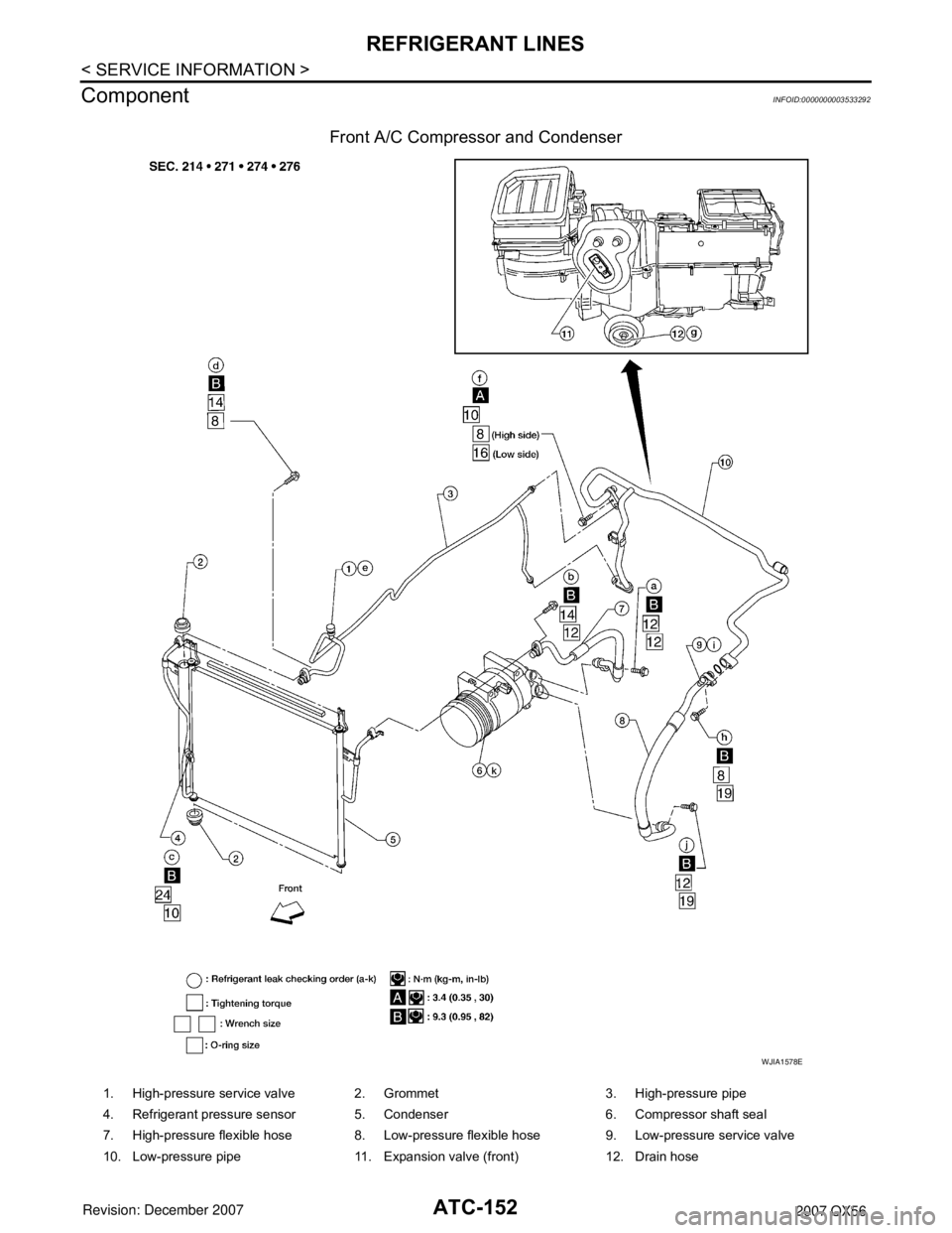 INFINITI QX56 2007 Factory Service Manual
ATC-152
< SERVICE INFORMATION >
REFRIGERANT LINES
Component
INFOID:0000000003533292
Front A/C Compressor and Condenser
WJIA1578E
1. High-pressure service valve 2. Grommet 3. High-pressure pipe
4. Ref INFINITI QX56 2007 Factory Service Manual
ATC-152
< SERVICE INFORMATION >
REFRIGERANT LINES
Component
INFOID:0000000003533292
Front A/C Compressor and Condenser
WJIA1578E
1. High-pressure service valve 2. Grommet 3. High-pressure pipe
4. Ref