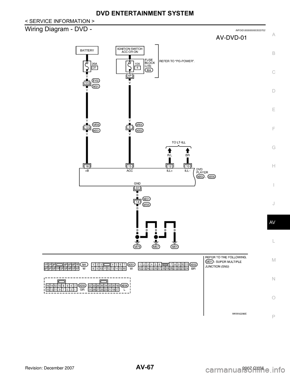 INFINITI QX56 2007 Factory Owners Guide DVD ENTERTAINMENT SYSTEM
AV-67
< SERVICE INFORMATION >
C
D
E
F
G
H
I
J
L
MA
B
AV
N
O
P
Wiring Diagram - DVD -INFOID:0000000003533702
WKWA2286E INFINITI QX56 2007 Factory Owners Guide DVD ENTERTAINMENT SYSTEM
AV-67
< SERVICE INFORMATION >
C
D
E
F
G
H
I
J
L
MA
B
AV
N
O
P
Wiring Diagram - DVD -INFOID:0000000003533702
WKWA2286E
