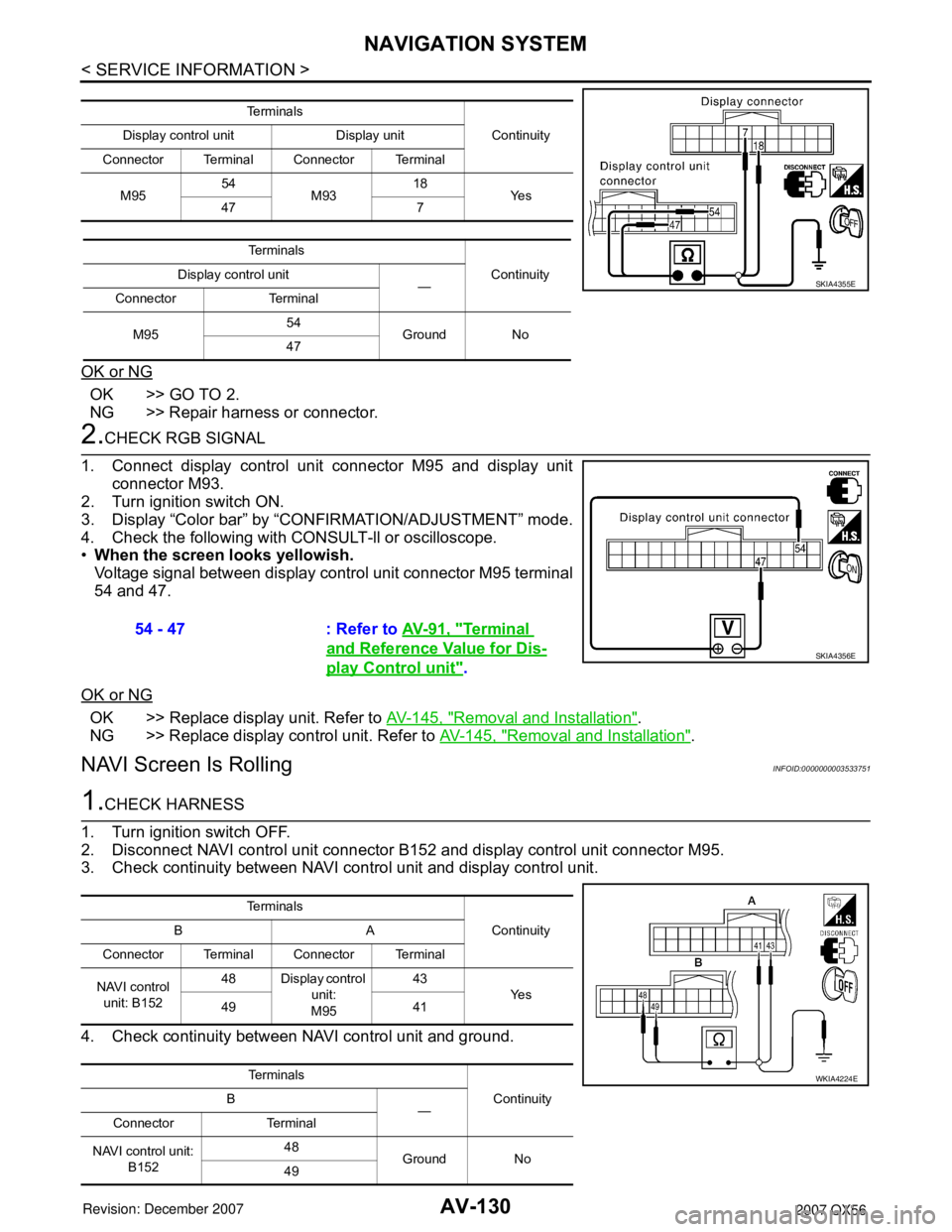 INFINITI QX56 2007 Factory Repair Manual AV-130
< SERVICE INFORMATION >
NAVIGATION SYSTEM
OK or NG
OK >> GO TO 2.
NG >> Repair harness or connector.
2.CHECK RGB SIGNAL
1. Connect display control unit connector M95 and display unit
connector INFINITI QX56 2007 Factory Repair Manual AV-130
< SERVICE INFORMATION >
NAVIGATION SYSTEM
OK or NG
OK >> GO TO 2.
NG >> Repair harness or connector.
2.CHECK RGB SIGNAL
1. Connect display control unit connector M95 and display unit
connector