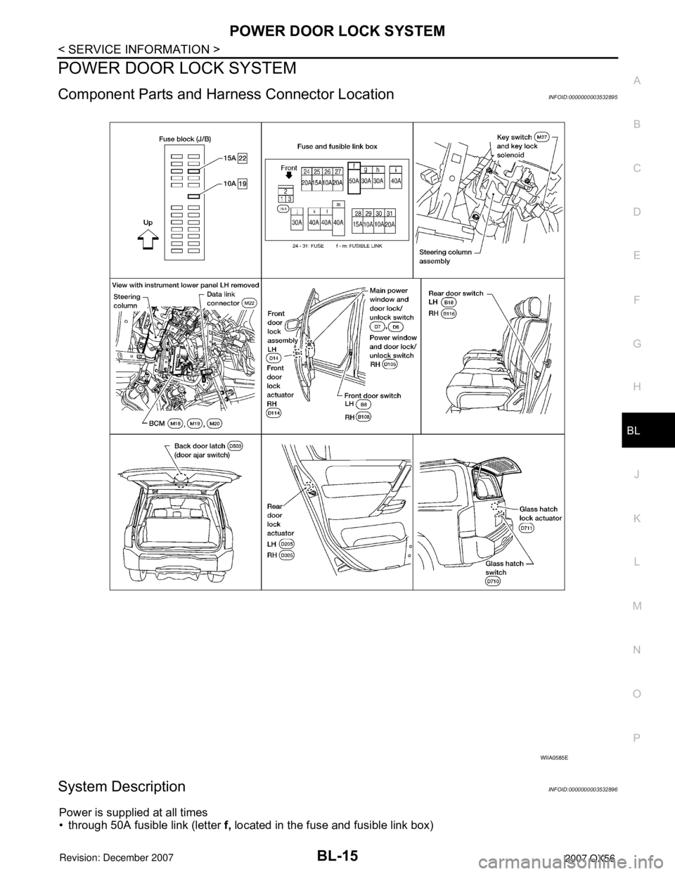 INFINITI QX56 2007  Factory Service Manual POWER DOOR LOCK SYSTEM
BL-15
< SERVICE INFORMATION >
C
D
E
F
G
H
J
K
L
MA
B
BL
N
O
P
POWER DOOR LOCK SYSTEM
Component Parts and Harness Connector LocationINFOID:0000000003532895
System DescriptionINFO