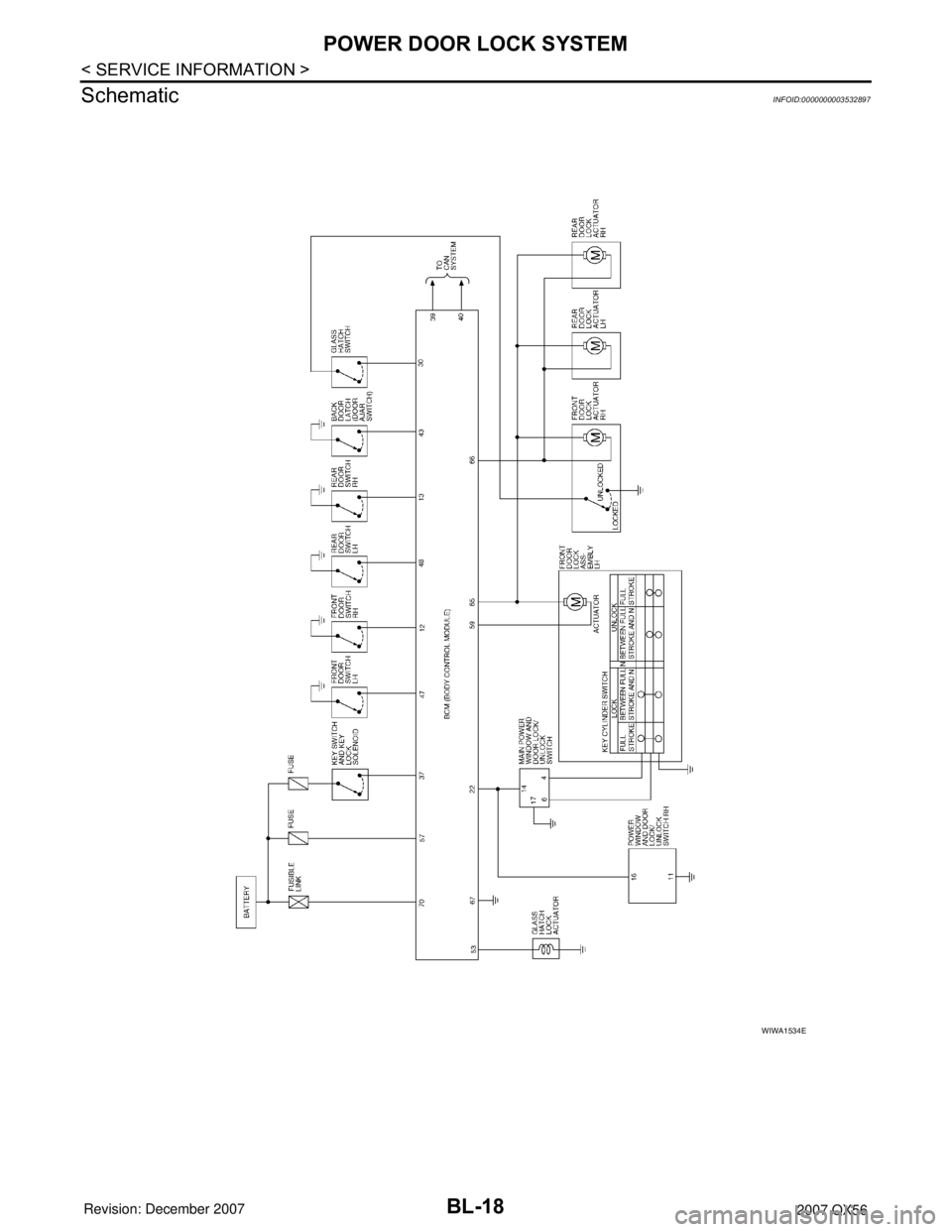 INFINITI QX56 2007 Factory Service Manual BL-18
< SERVICE INFORMATION >
POWER DOOR LOCK SYSTEM
Schematic
INFOID:0000000003532897
WIWA1534E INFINITI QX56 2007 Factory Service Manual BL-18
< SERVICE INFORMATION >
POWER DOOR LOCK SYSTEM
Schematic
INFOID:0000000003532897
WIWA1534E